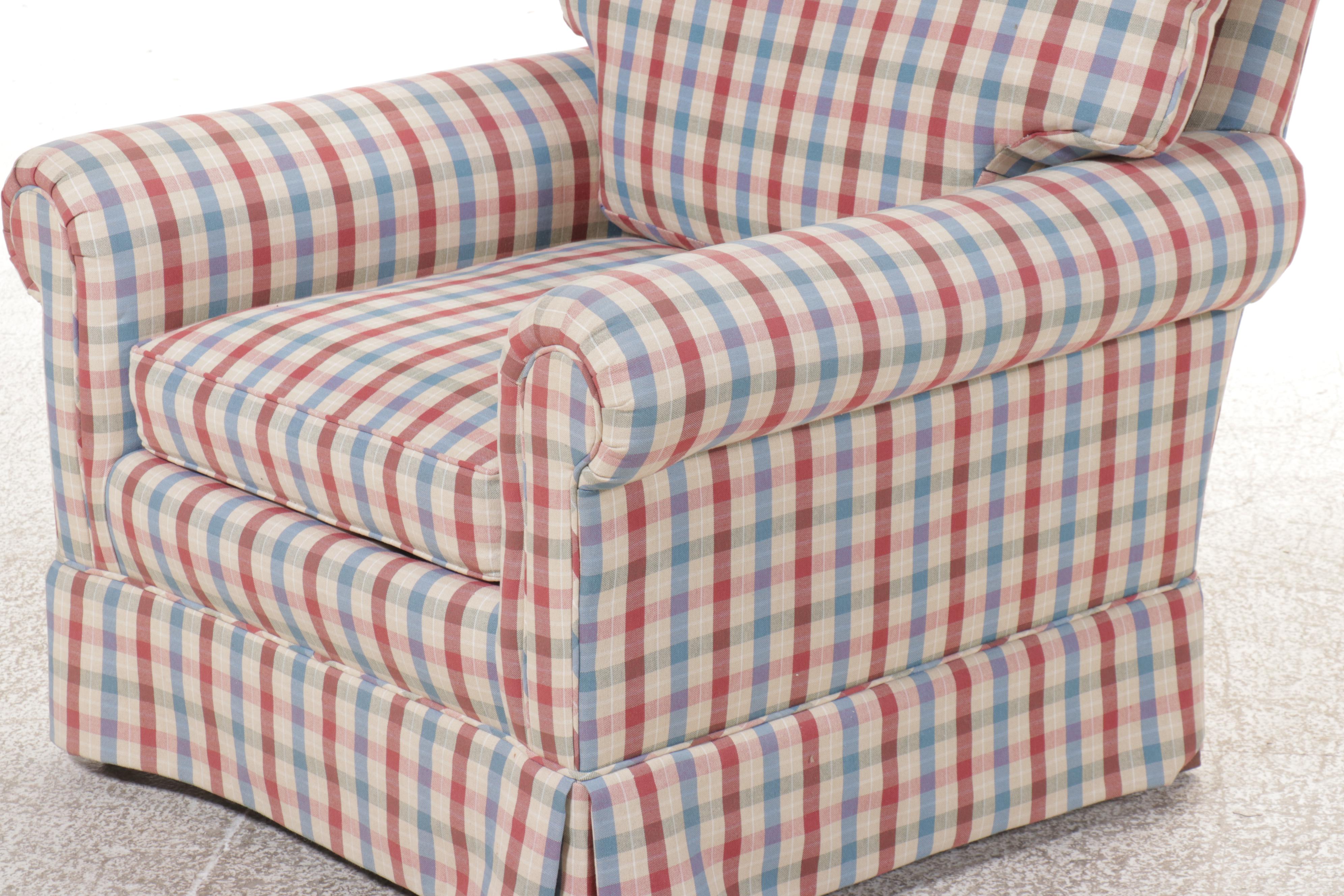 Pair of Plaid Fabric Upholstered Roll Arm Club Chairs