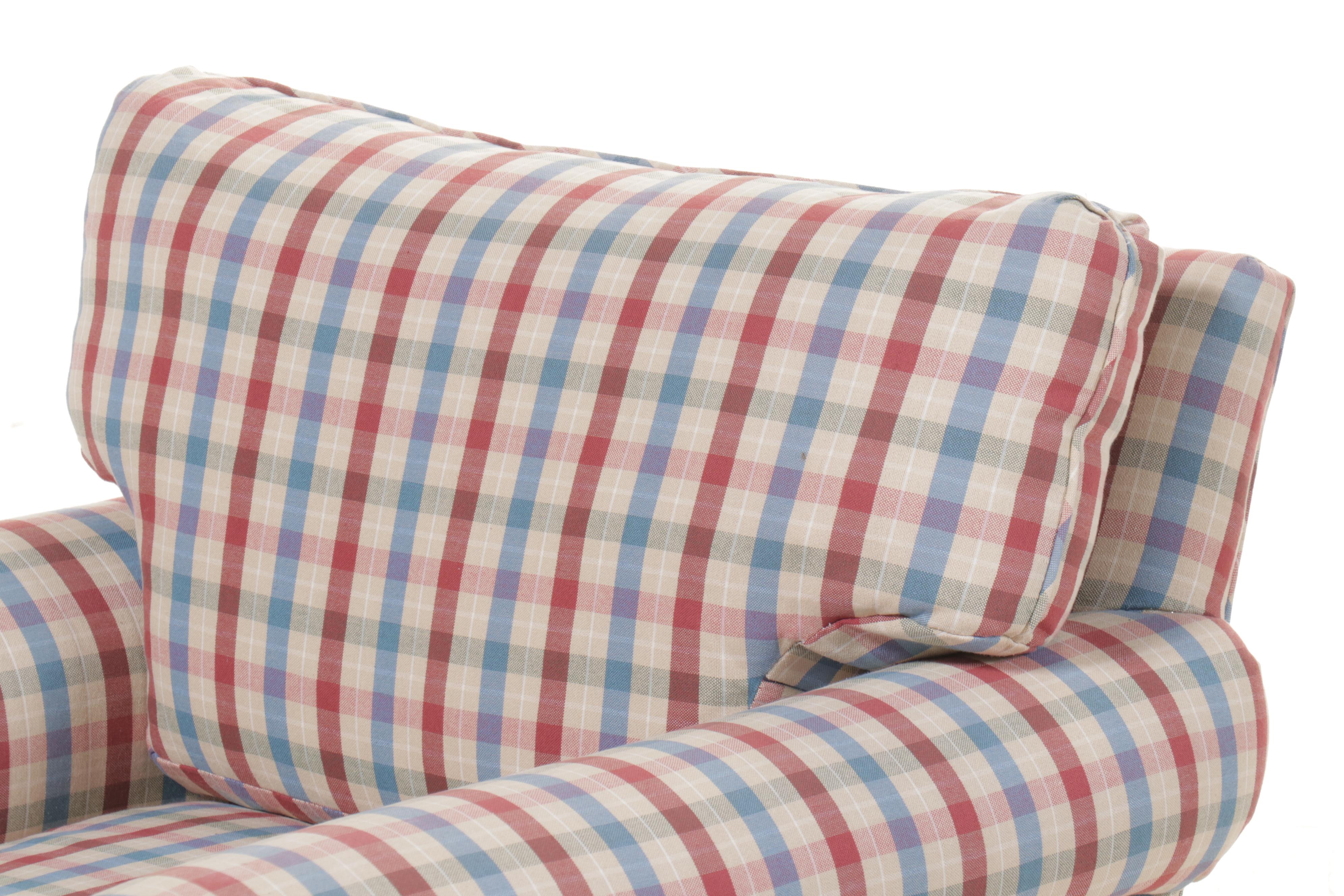 Pair of Plaid Fabric Upholstered Roll Arm Club Chairs