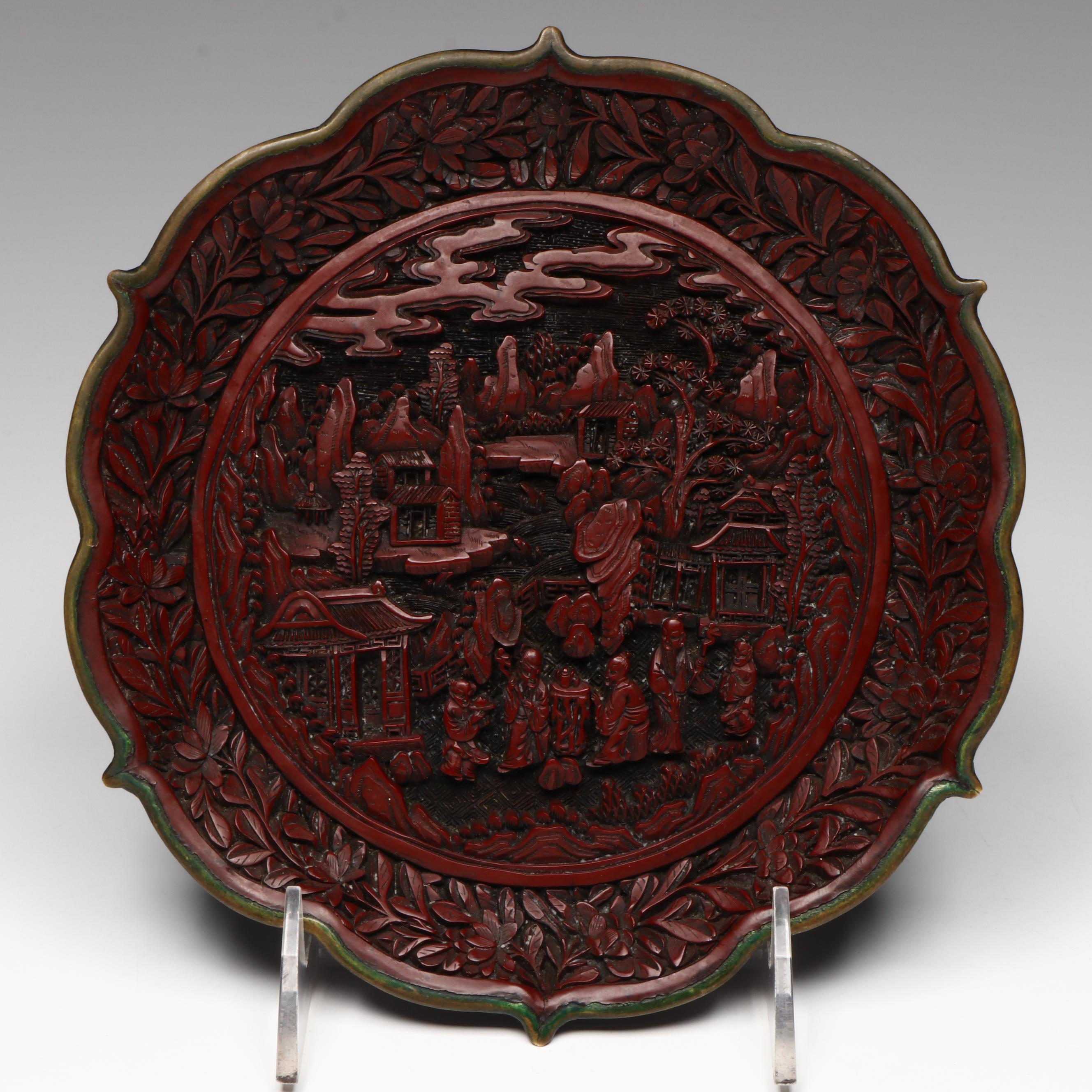 Antique Chinese Cinnabar Tray of Sanxing in a Garden