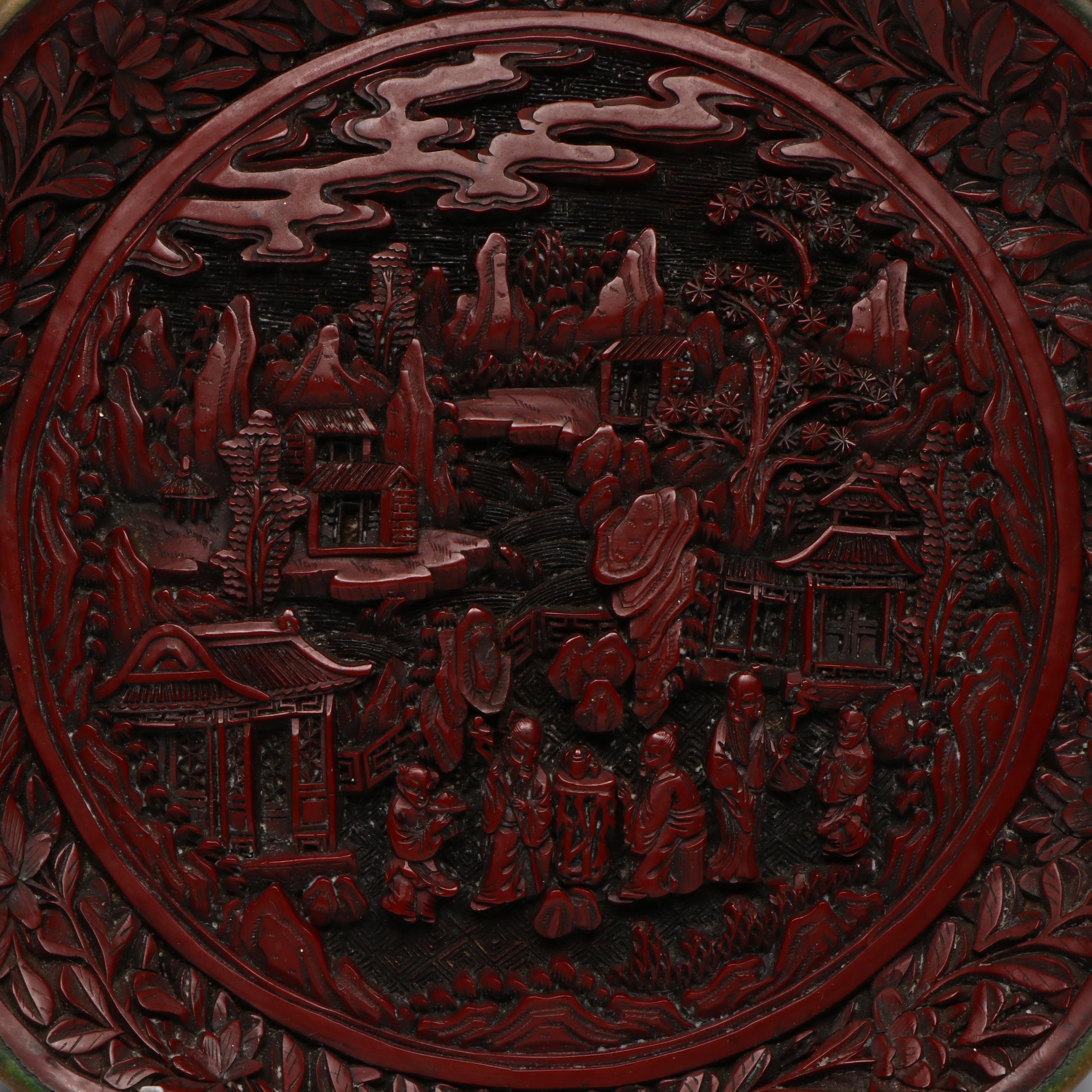 Antique Chinese Cinnabar Tray of Sanxing in a Garden