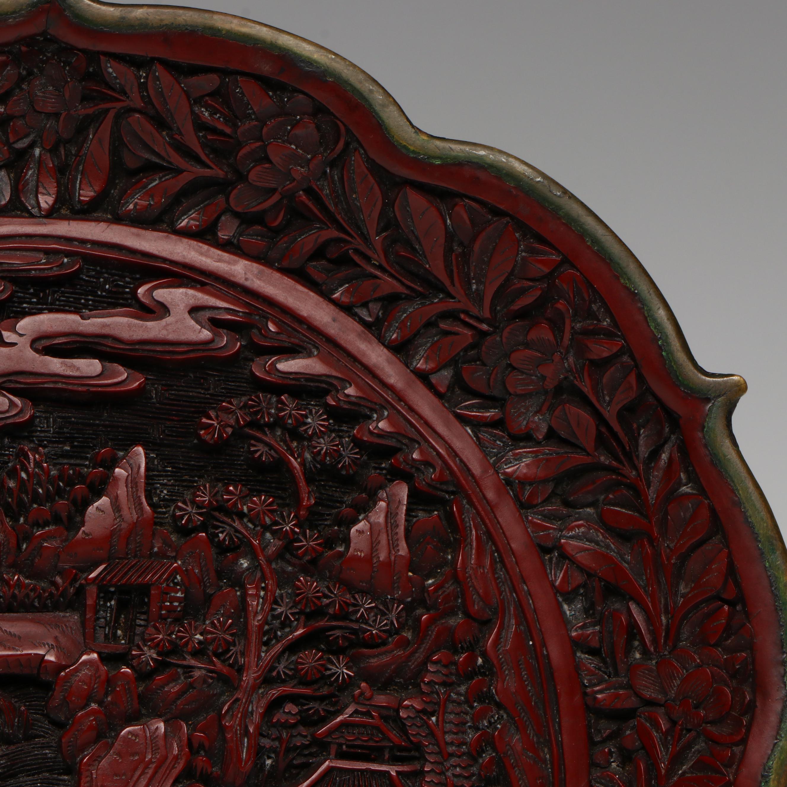 Antique Chinese Cinnabar Tray of Sanxing in a Garden