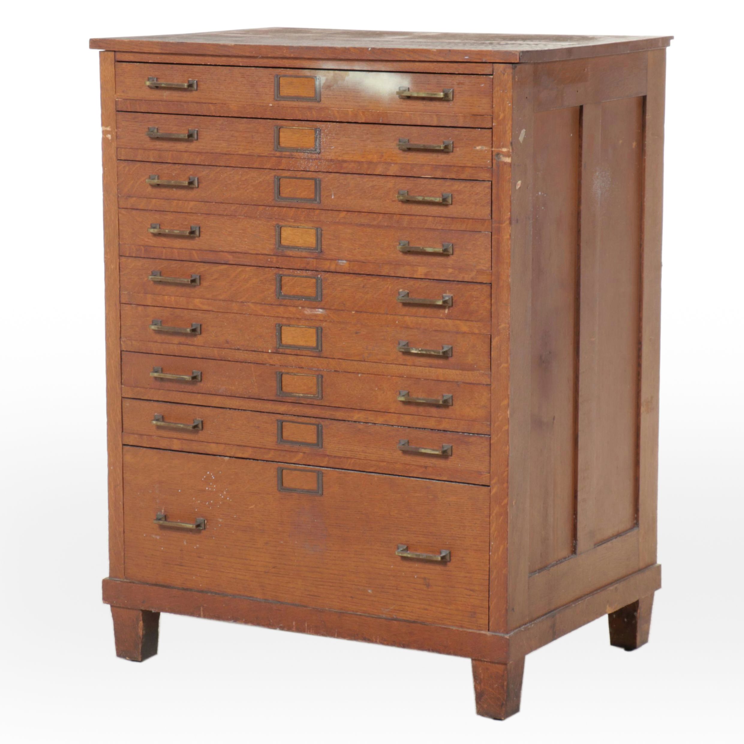 Arts & Crafts Style Nine-Drawer Oak Map Cabinet
