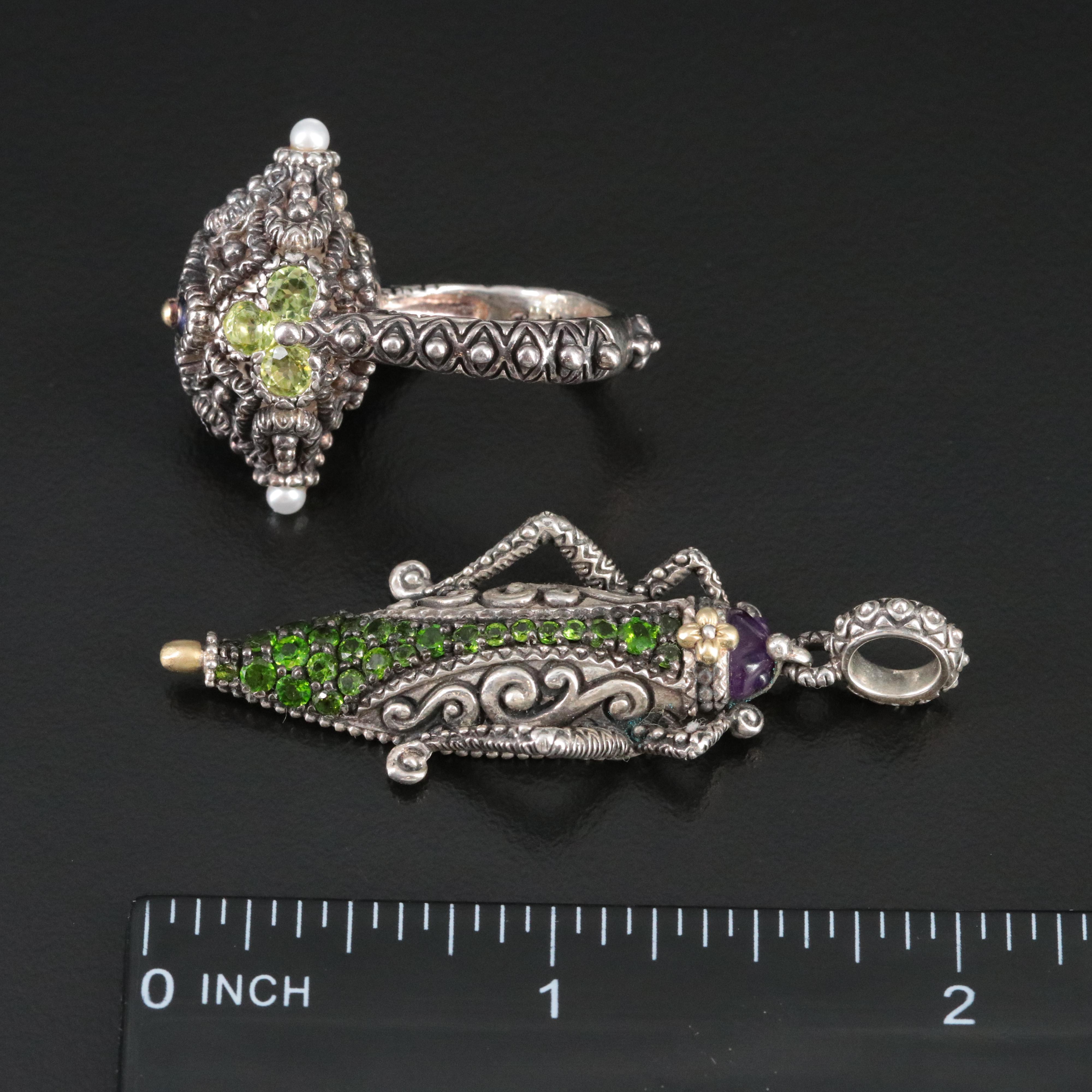 Barbara Bixby Gemstone Navette Ring and Grasshopper Pendant with 18K Accents