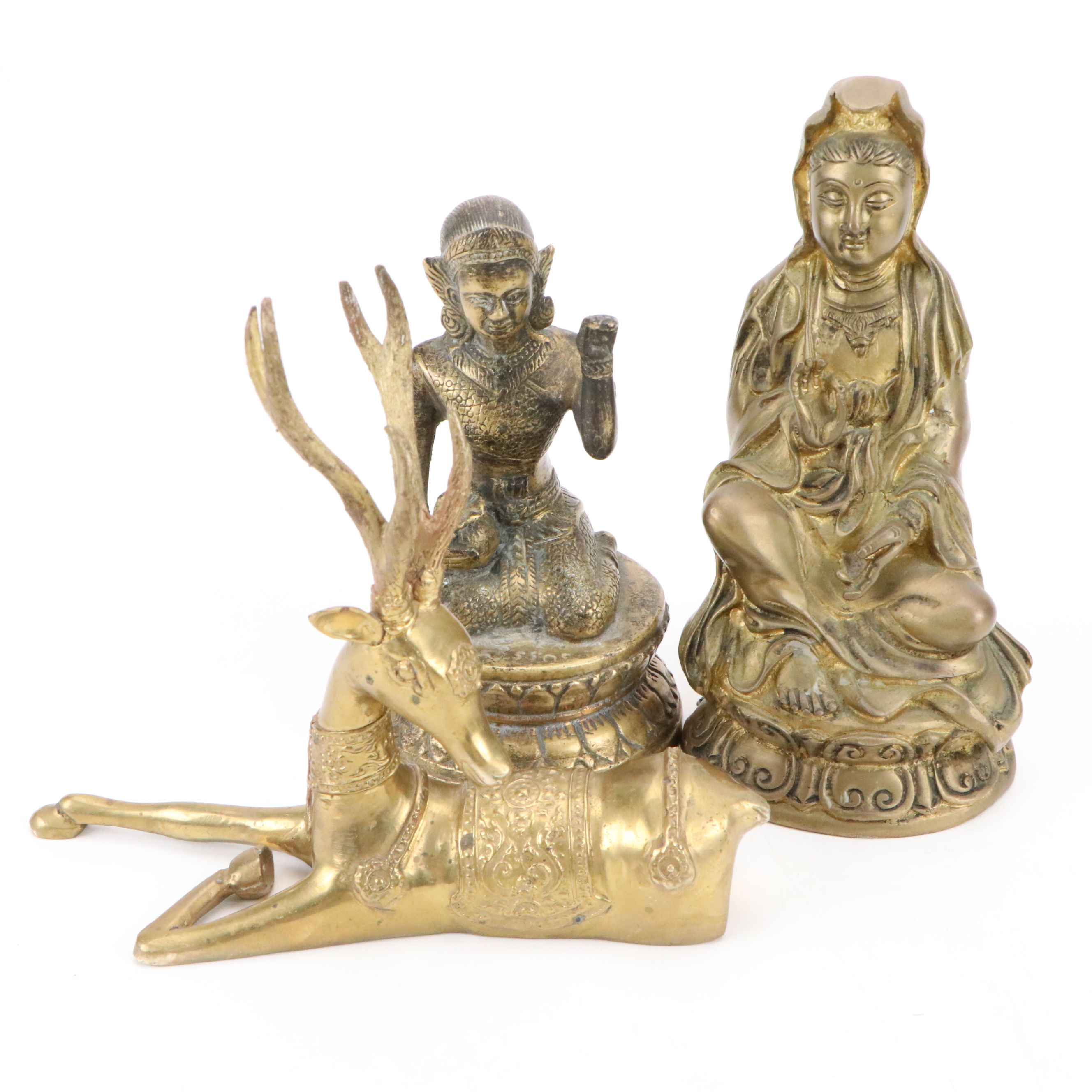 Indian Brass Guanyin, Nang Kwak and Deer Figurines, 20th Century