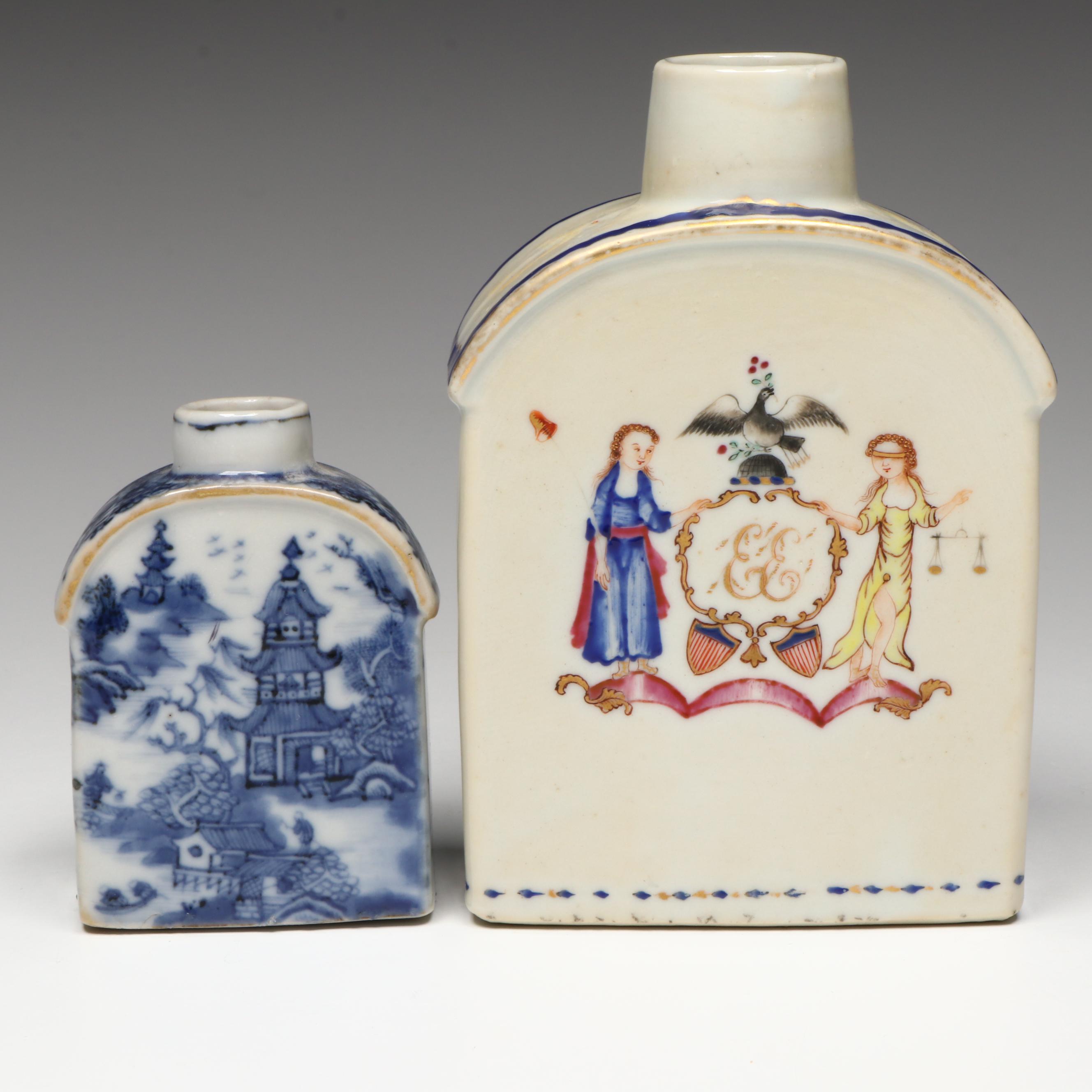 Chinese Export Armorial and Blue on White Porcelain Tea Caddies, 18th and 19th C