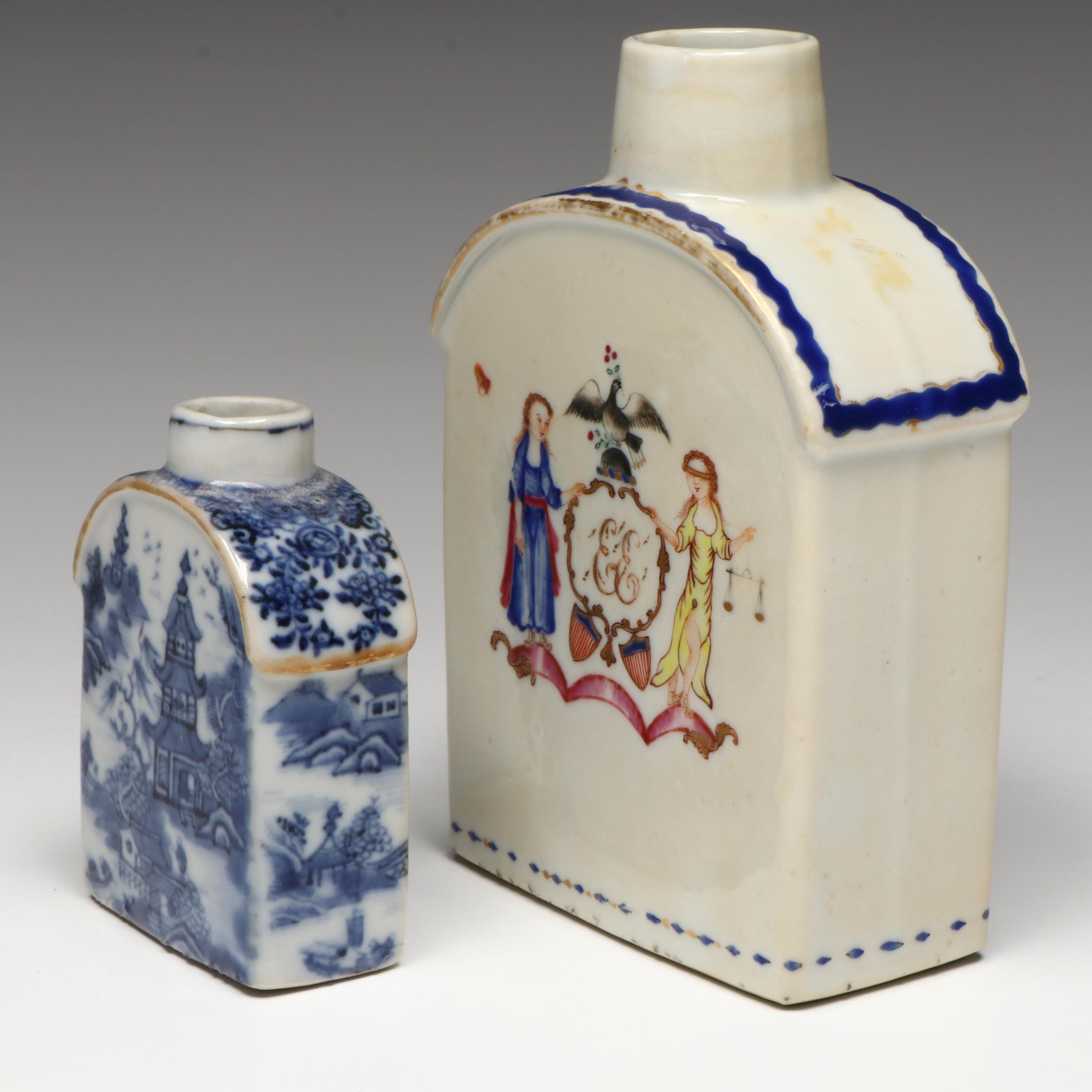 Chinese Export Armorial and Blue on White Porcelain Tea Caddies, 18th and 19th C