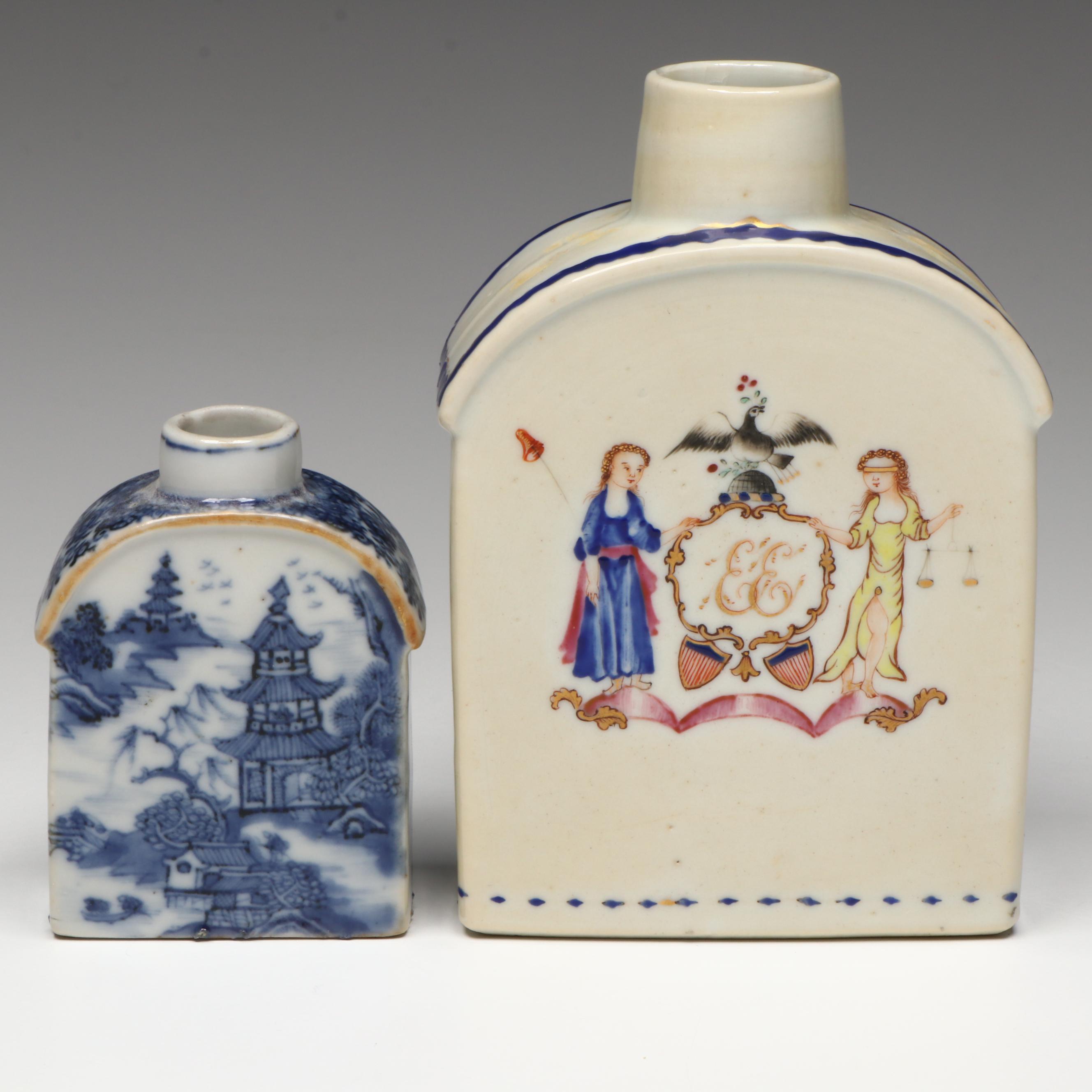 Chinese Export Armorial and Blue on White Porcelain Tea Caddies, 18th and 19th C