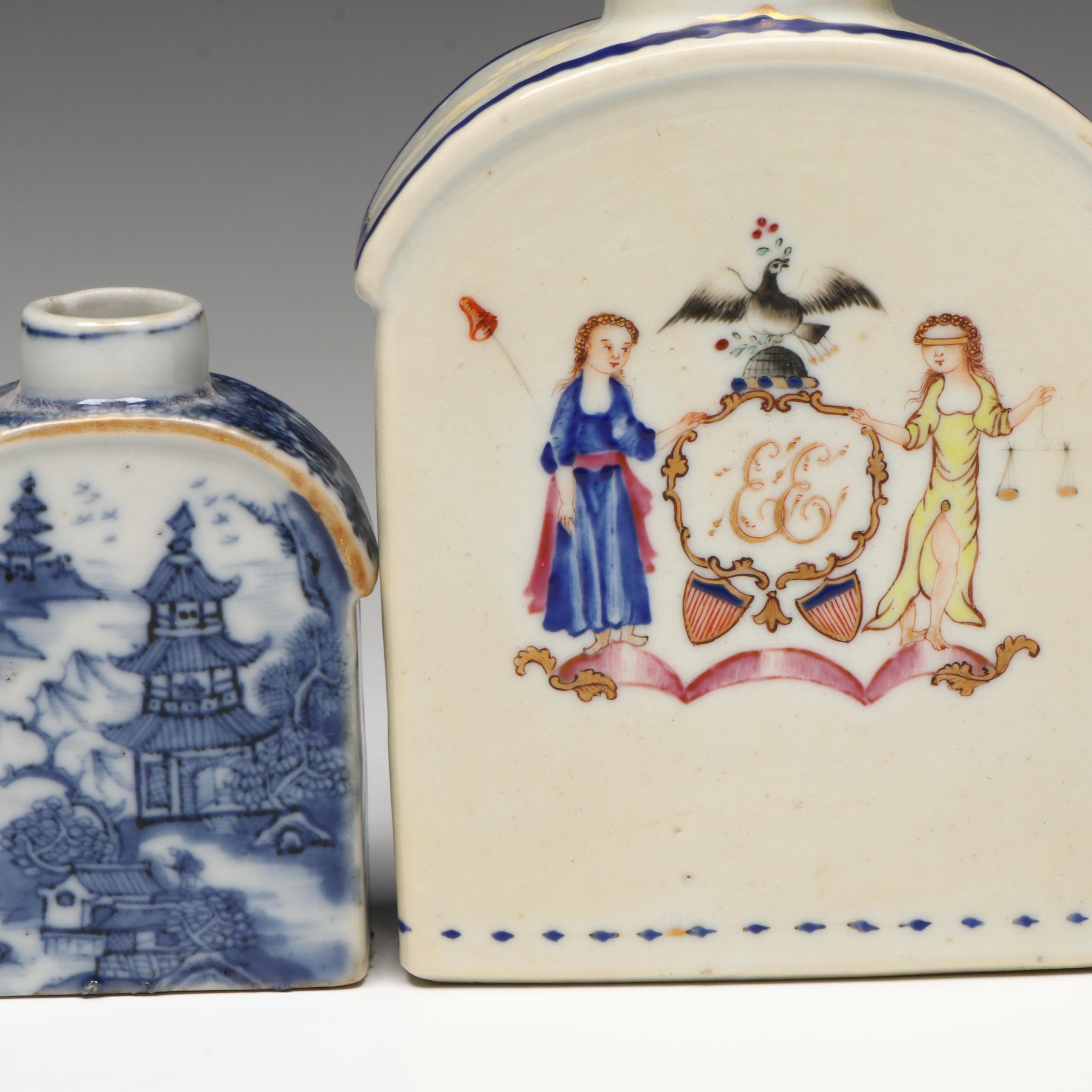 Chinese Export Armorial and Blue on White Porcelain Tea Caddies, 18th and 19th C
