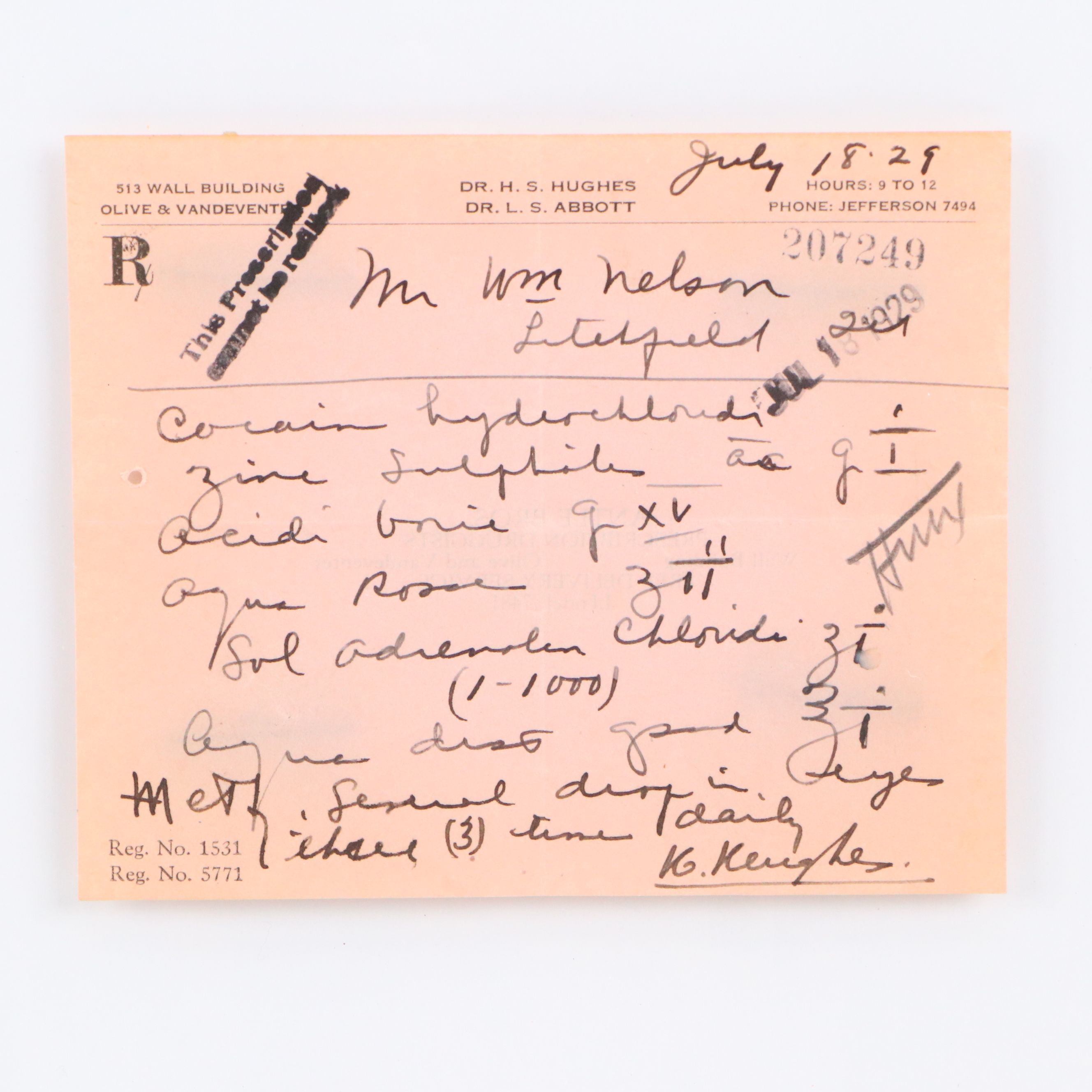 Prescription Form for Cocaine Hydrochloride, 1929