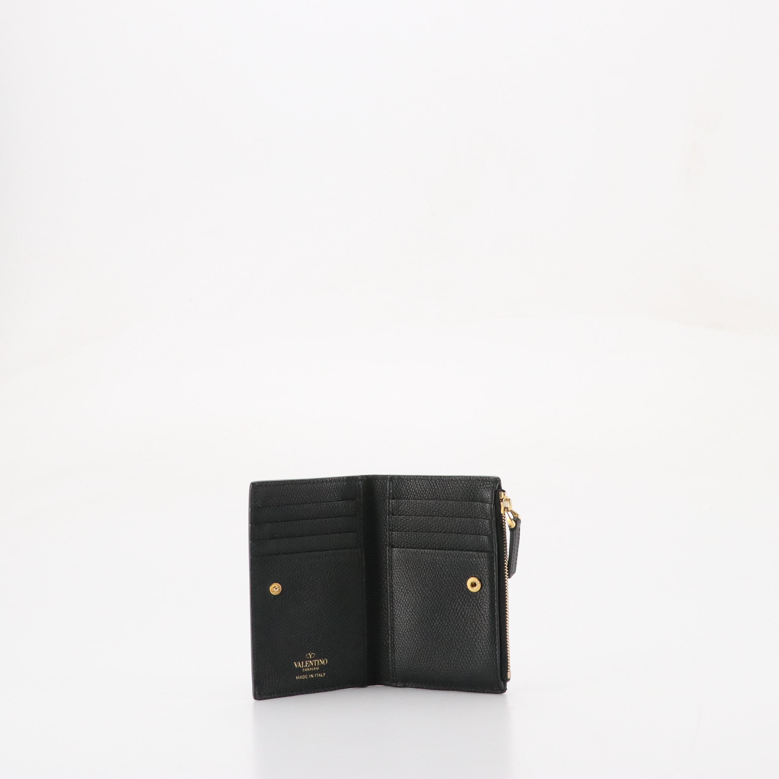 Valentino Garavani Black Calfskin Grain Leather Compact Wallet