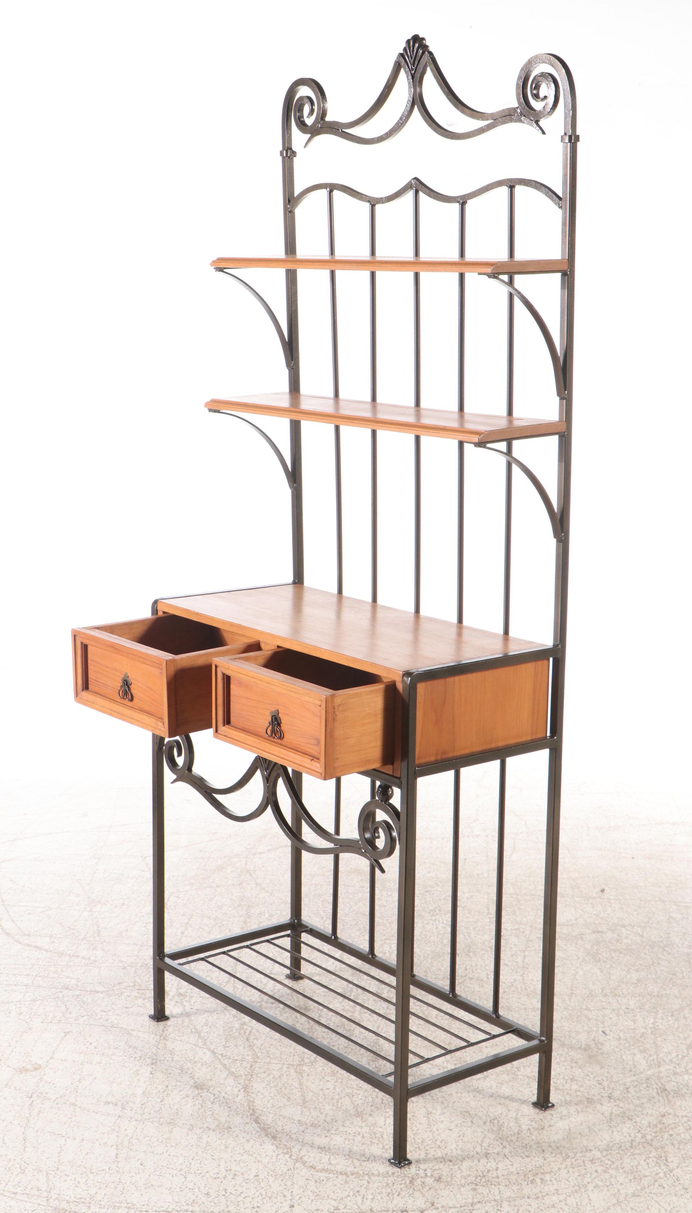 Wrought Iron Baker's Rack with Wood  Shelves