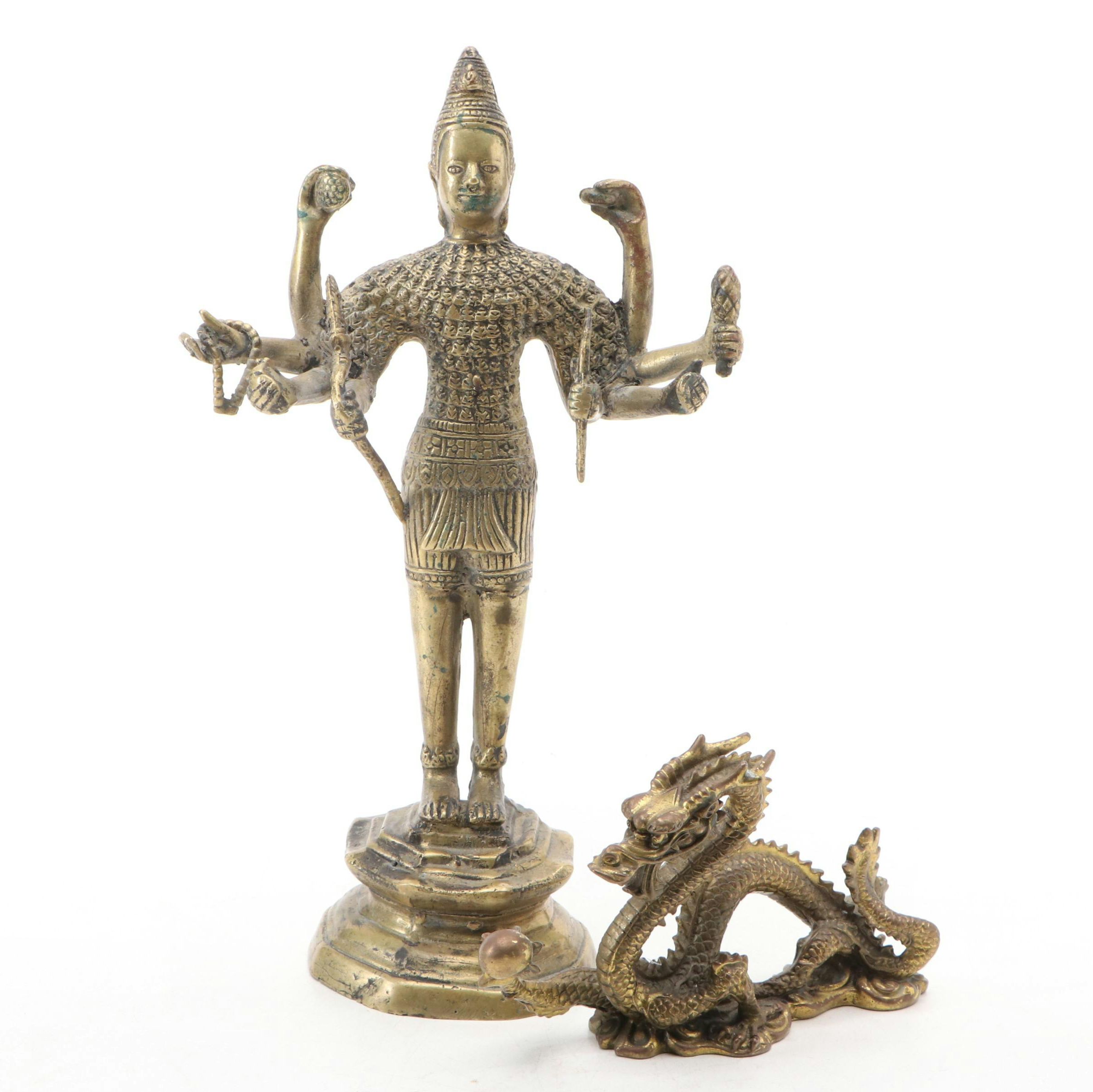 Gilt Bronze Bodhisattva with Chinese Brass Dragon
