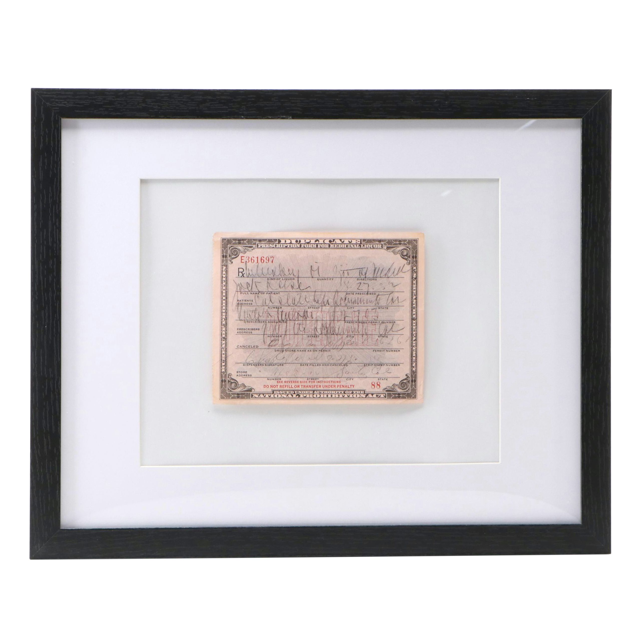 Prohibition Era Prescription Form for Whiskey, 1932