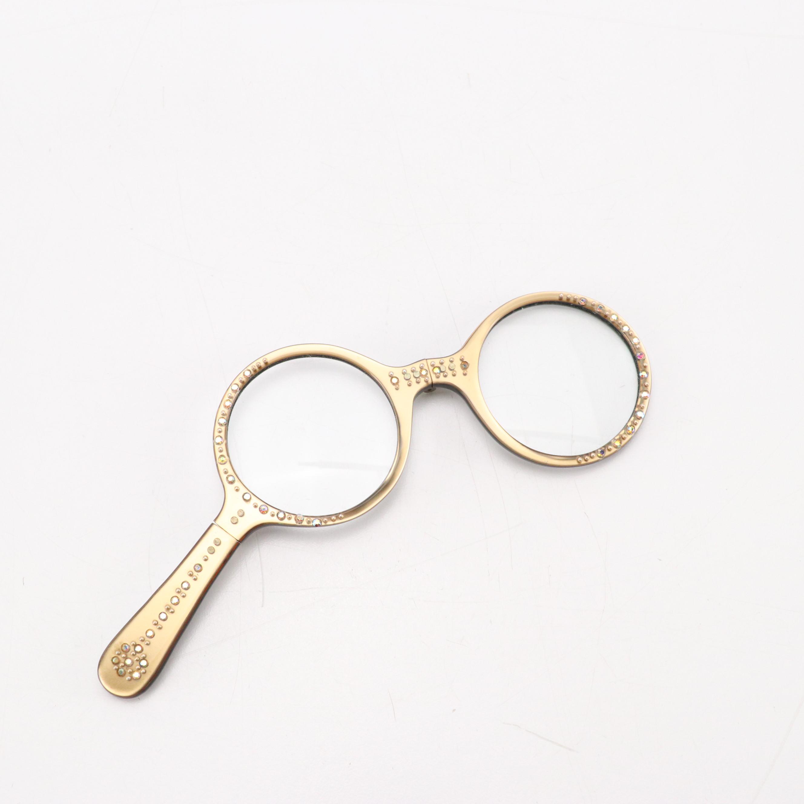 Folding Lorgnette Rhinestone Readers with Silk Jacquard Soft Case