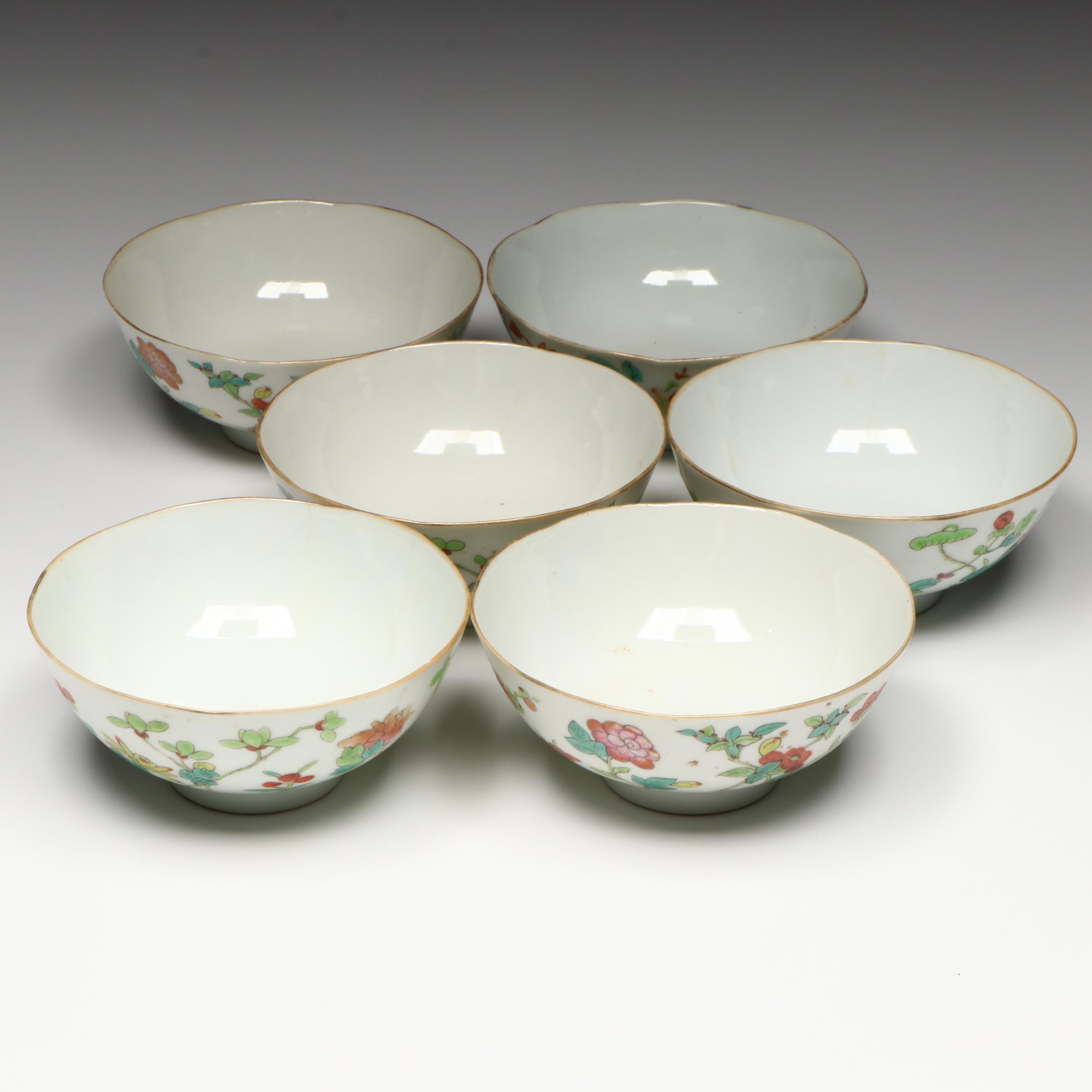 Antique Chinese Export Famille Rose Porcelain Tea Bowls, 19th Century