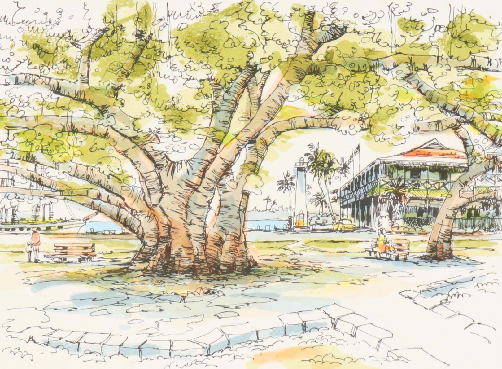 Coastal Townscape Lithograph, Late 20th Century