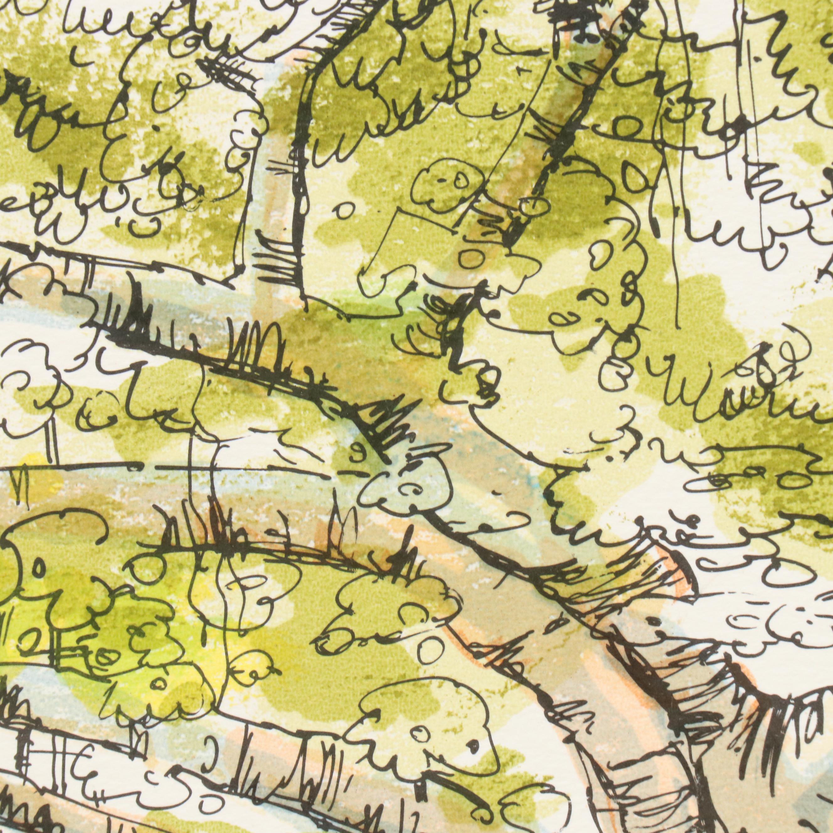 Coastal Townscape Lithograph, Late 20th Century