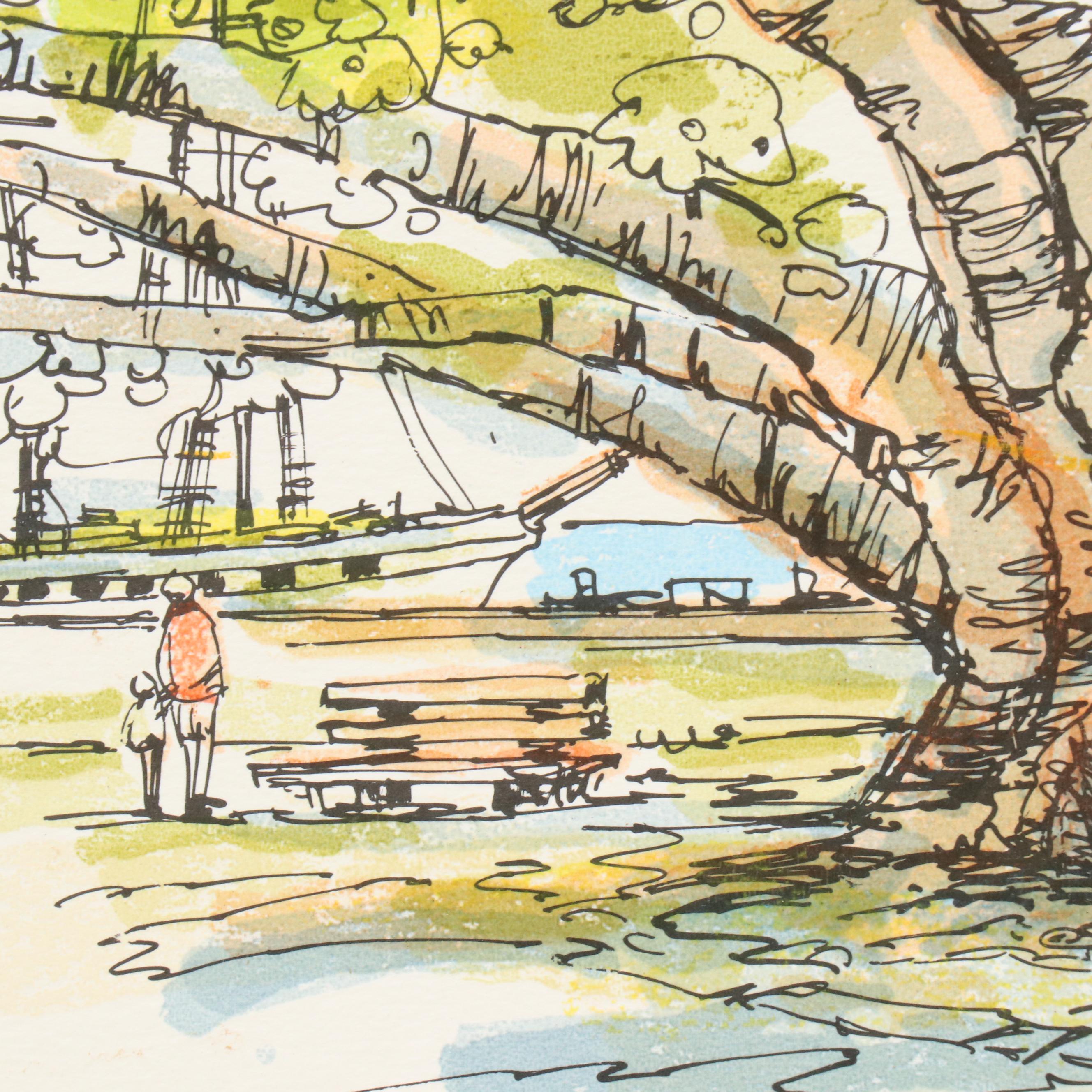 Coastal Townscape Lithograph, Late 20th Century