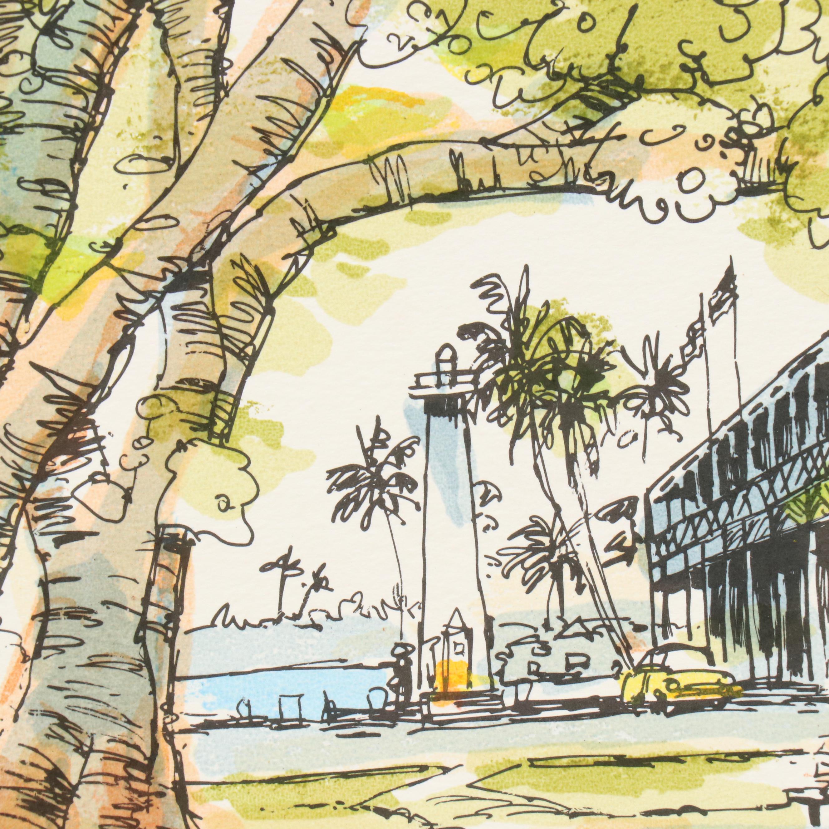 Coastal Townscape Lithograph, Late 20th Century