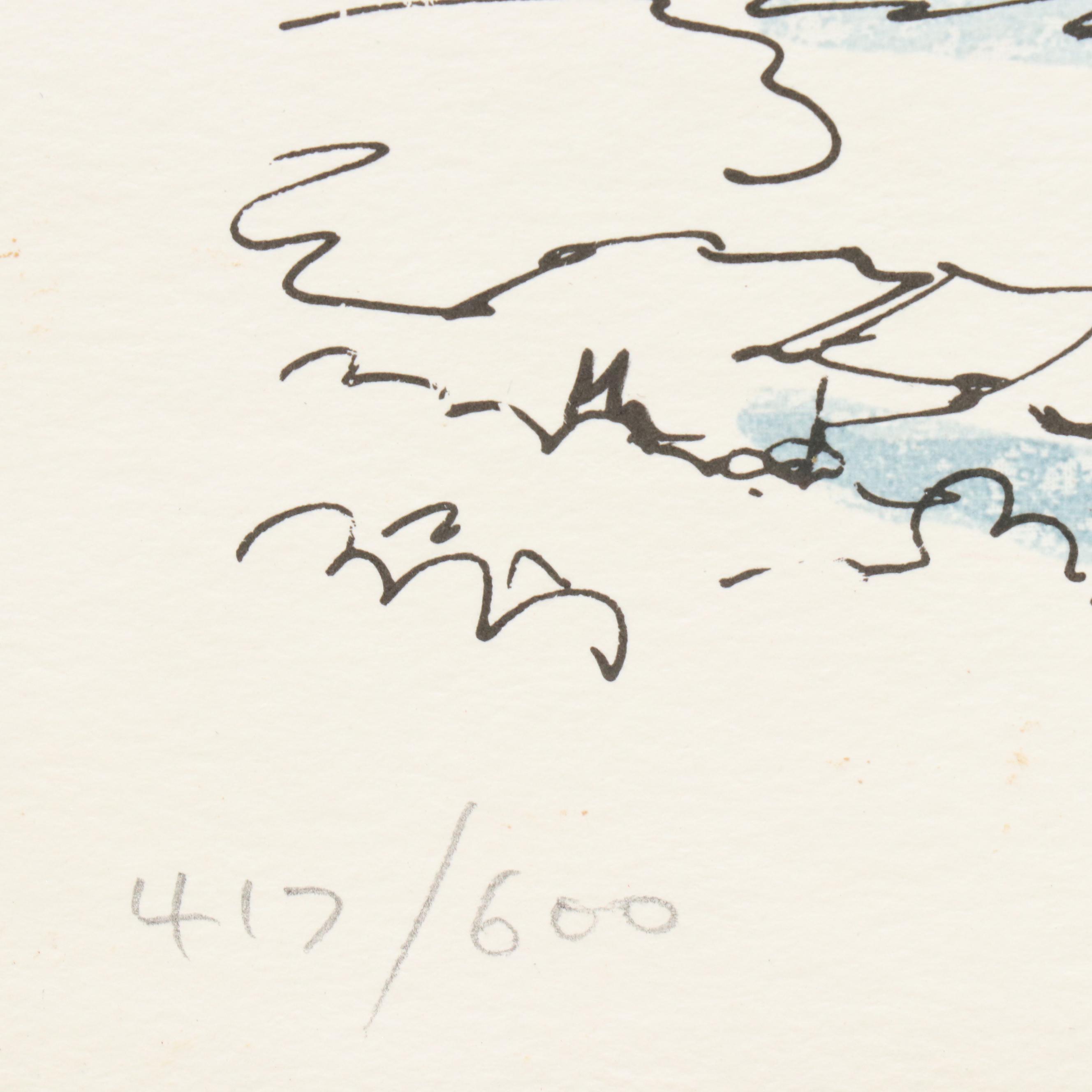 Coastal Townscape Lithograph, Late 20th Century