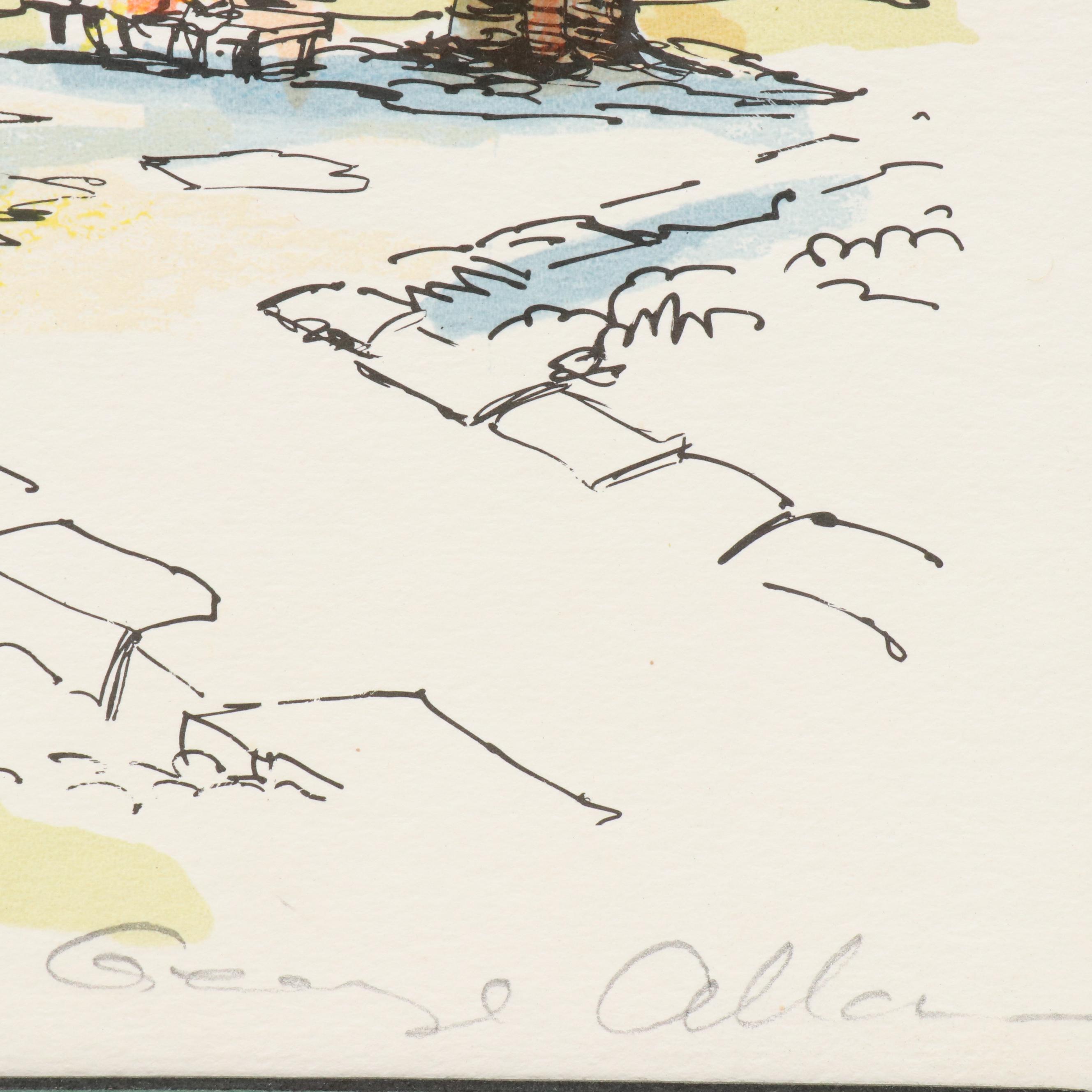 Coastal Townscape Lithograph, Late 20th Century