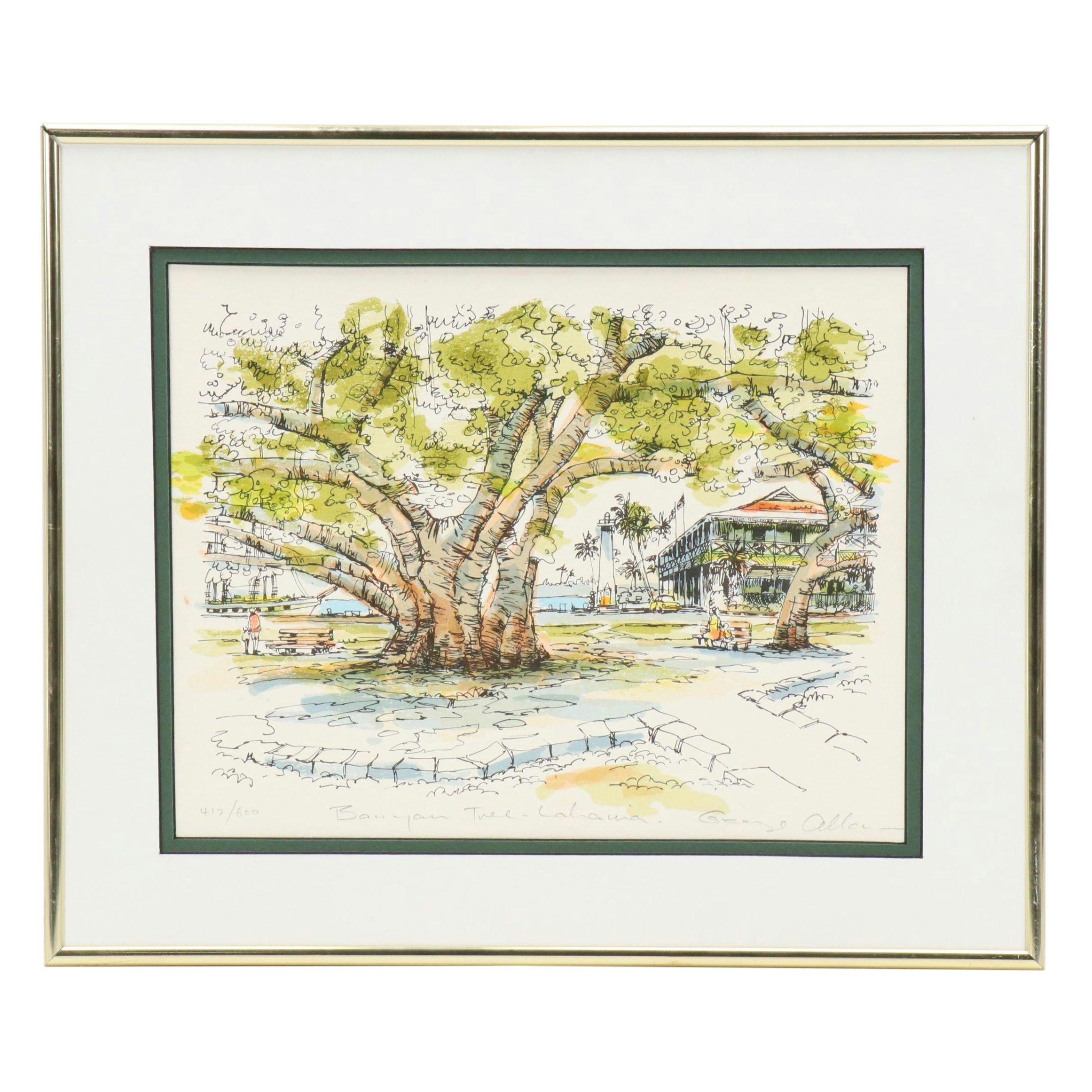 Coastal Townscape Lithograph, Late 20th Century