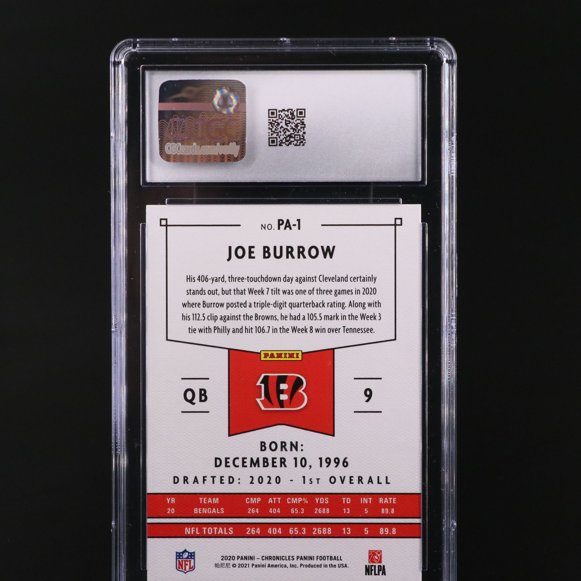 2020 Panini Chronicles Joe Burrow Rookie Football Card Graded CGC 10