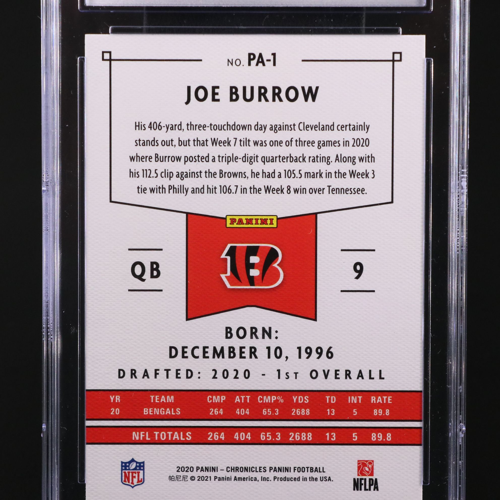 2020 Panini Chronicles Joe Burrow Rookie Football Card Graded CGC 10