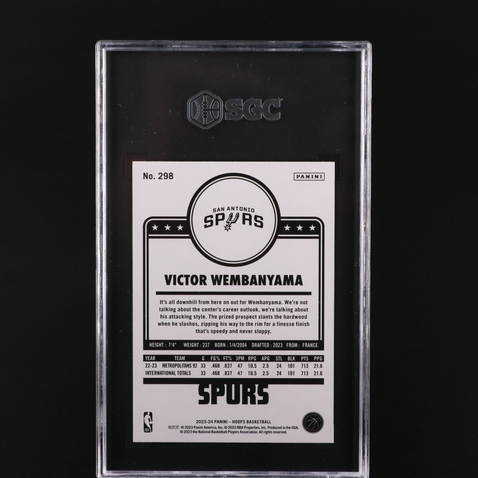 2023 Panini Hoops Victor Wembanyama Rookie Basketball Card Graded SGC 10