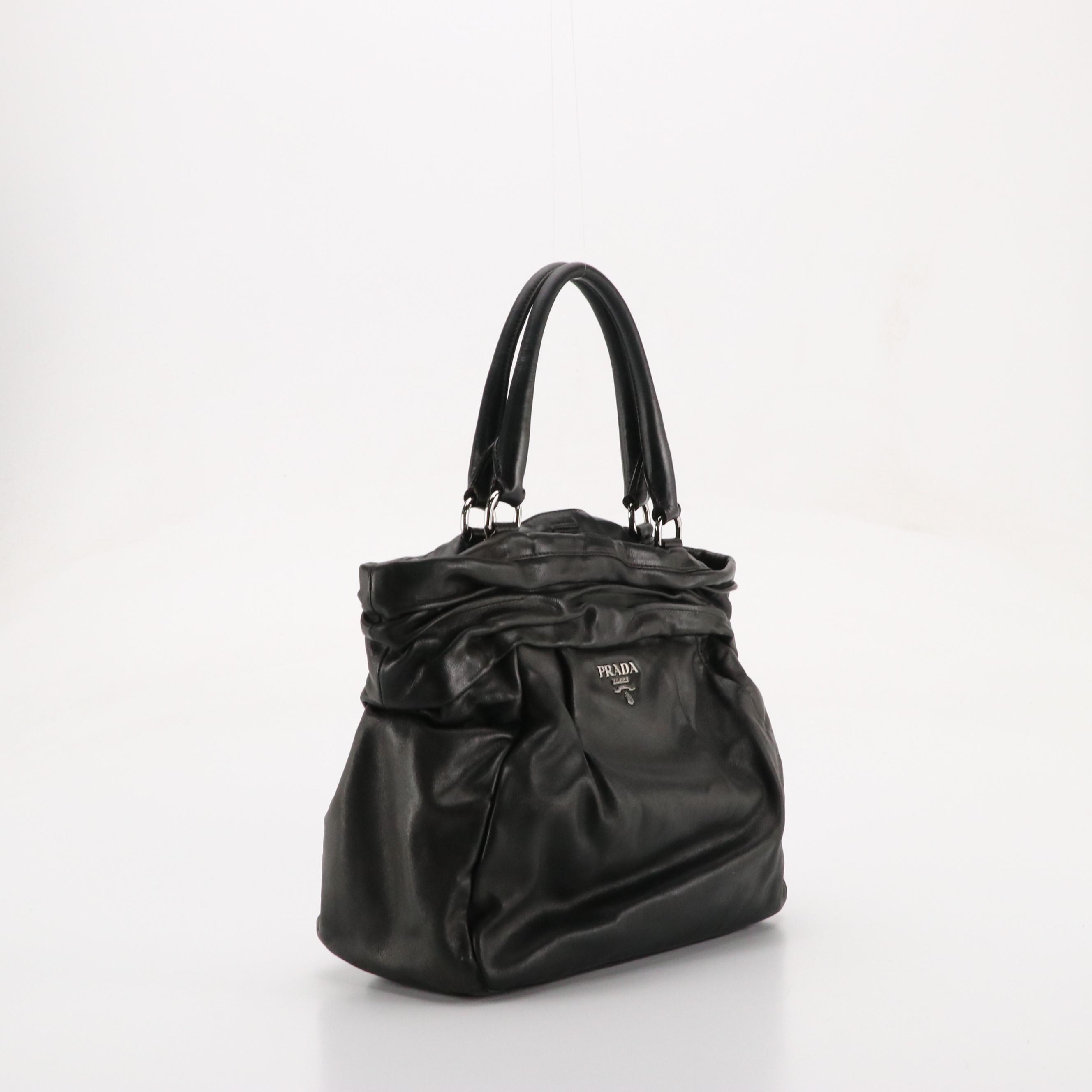 Prada Pleated Frills Handbag Tote in Black Calfskin Leather