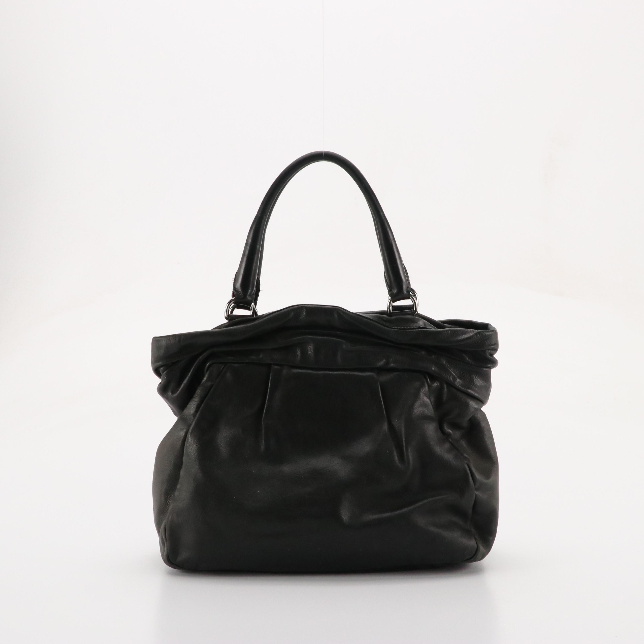Prada Pleated Frills Handbag Tote in Black Calfskin Leather
