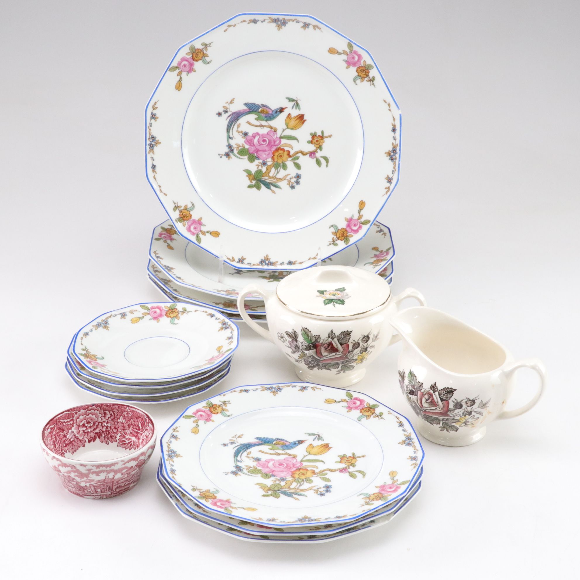 A. Lanternier Limoges Porcelain Dinnerware with English Cream, Sugar, and Dish