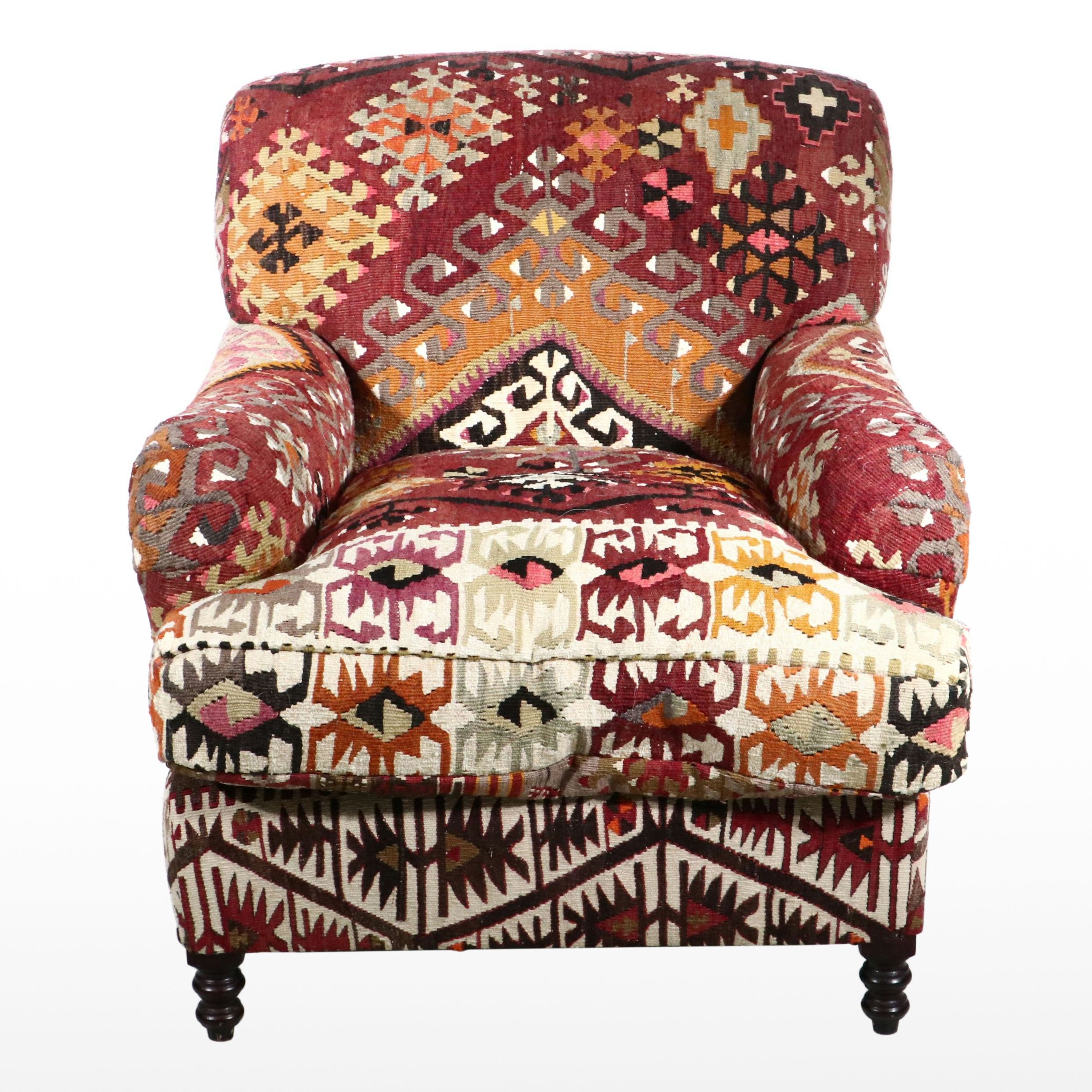 George Smith Ltd. Kilim-Upholstered English Roll-Arm Easy Chair