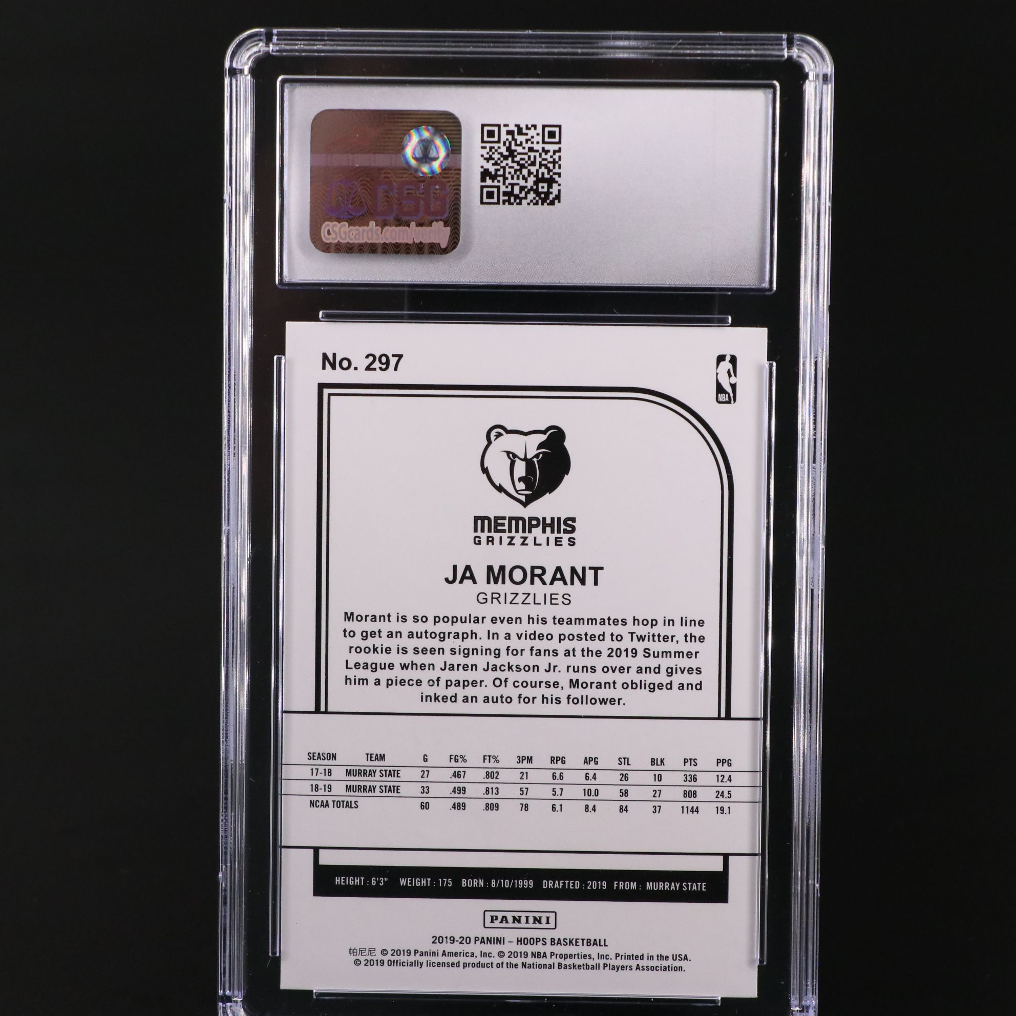 2019-20 Panini NBA Hoops Ja Morant Rookie Basketball Card Graded CSG 10