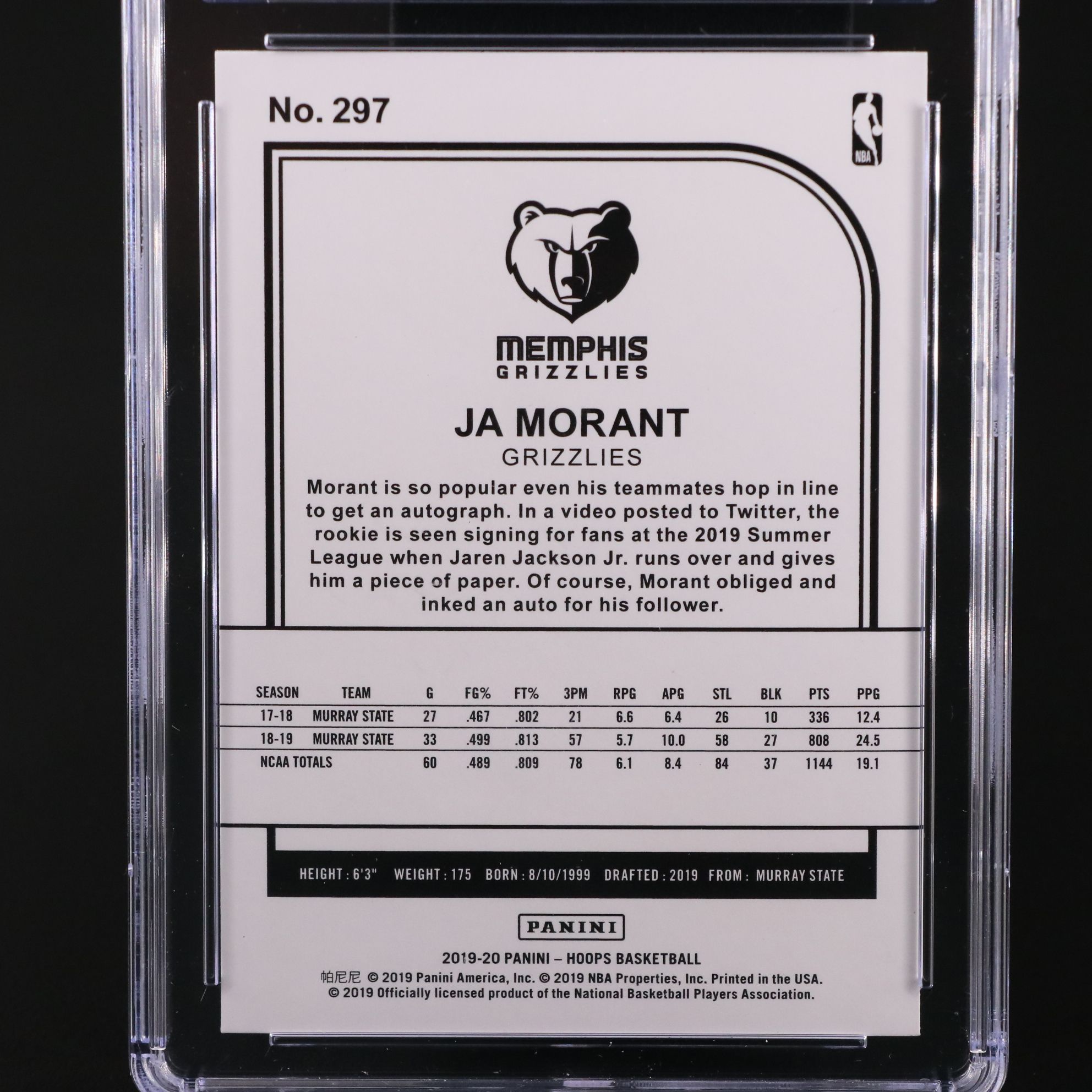 2019-20 Panini NBA Hoops Ja Morant Rookie Basketball Card Graded CSG 10