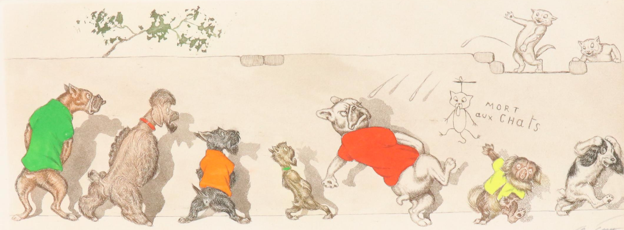 Boris O'Klein Hand-Colored Etching from "The Dirty Dogs of Paris" Series