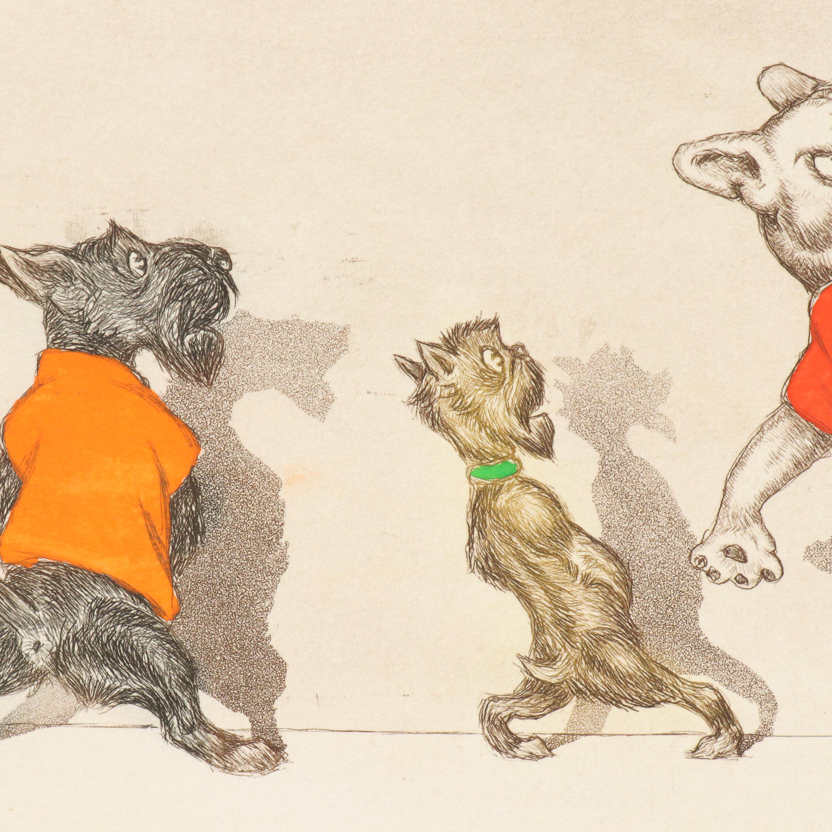 Boris O'Klein Hand-Colored Etching from "The Dirty Dogs of Paris" Series