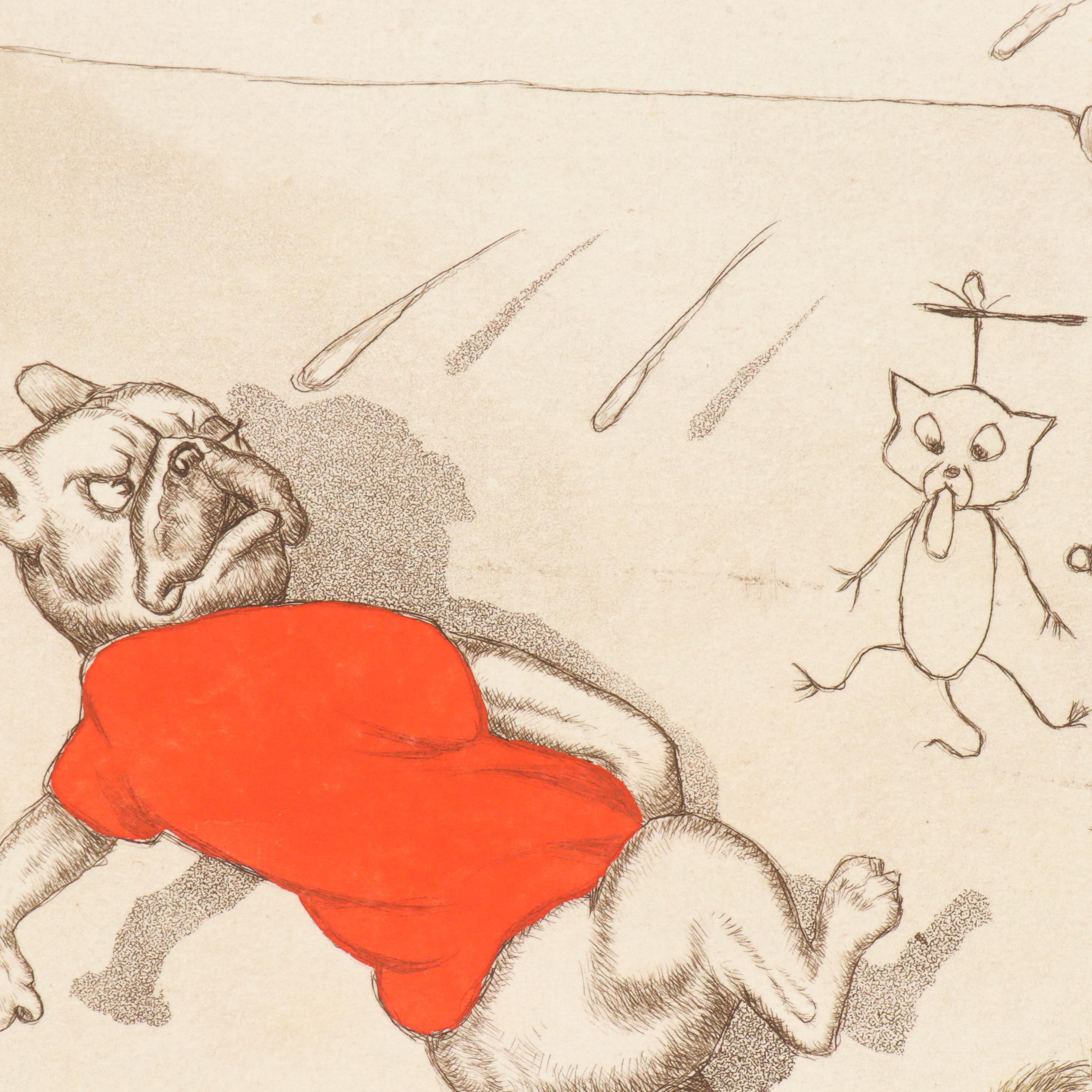 Boris O'Klein Hand-Colored Etching from "The Dirty Dogs of Paris" Series