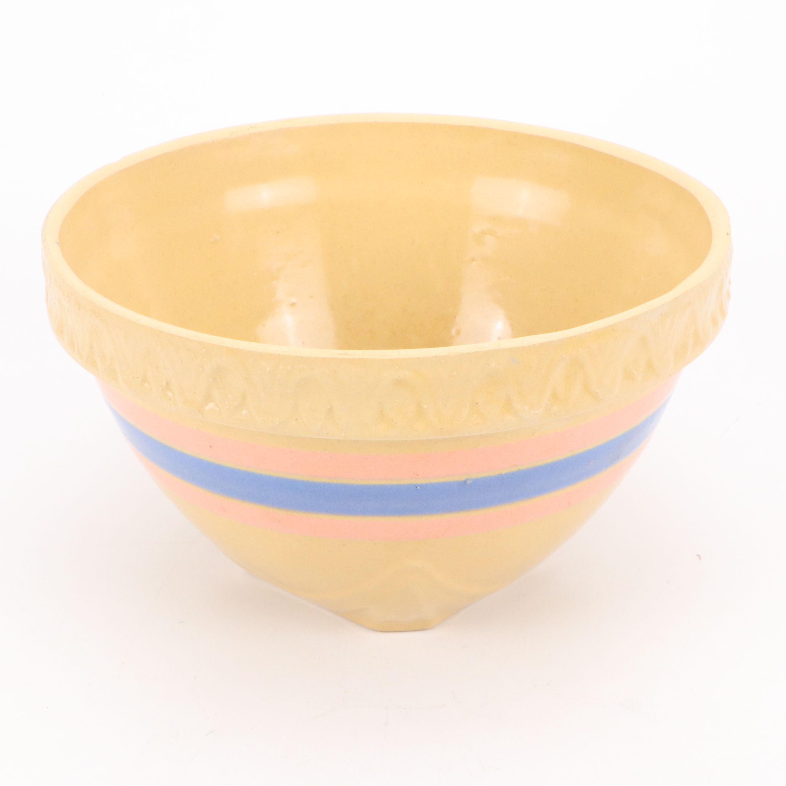 American Blue and Pink Banded Yellowware Mixing Bowls, 20th Century
