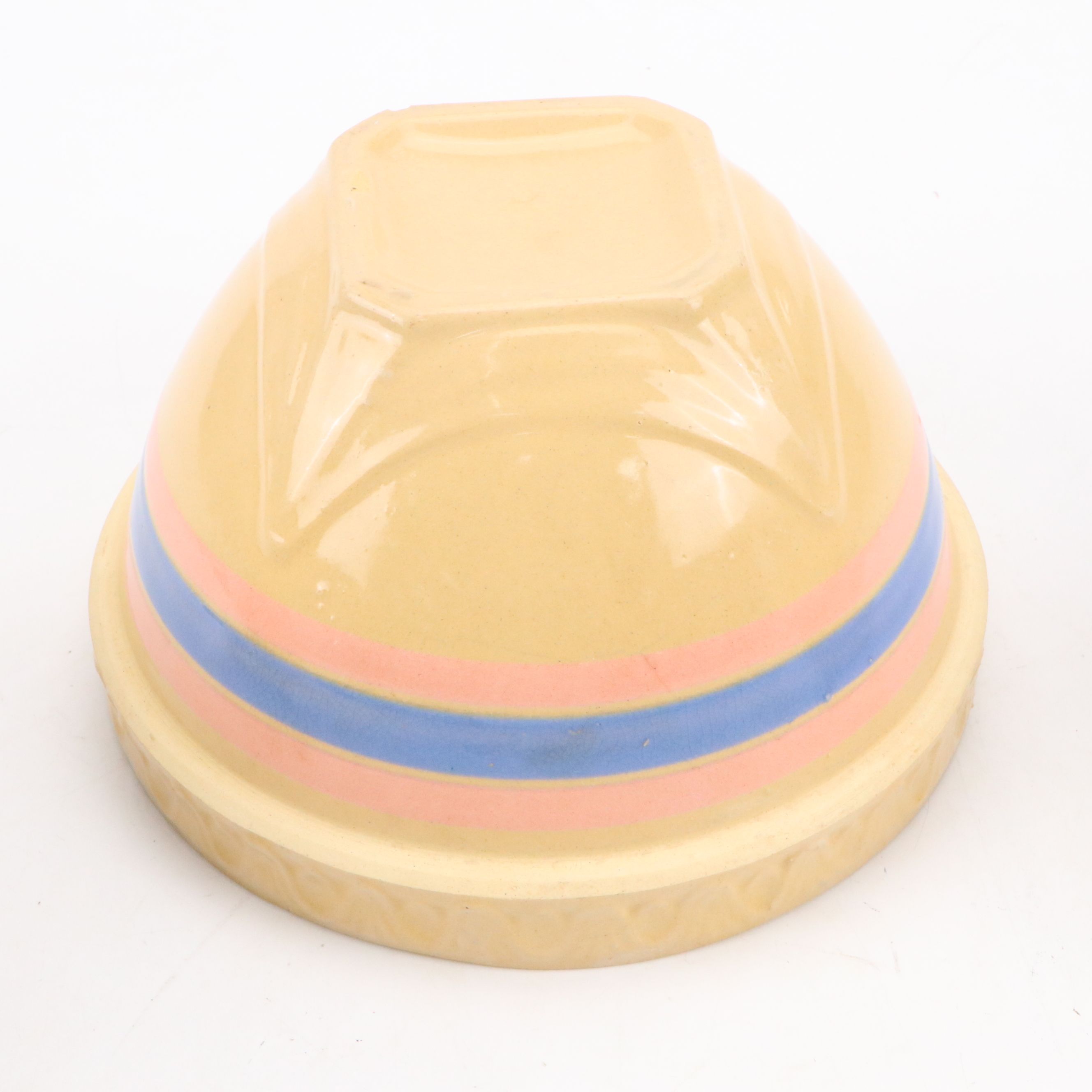 American Blue and Pink Banded Yellowware Mixing Bowls, 20th Century