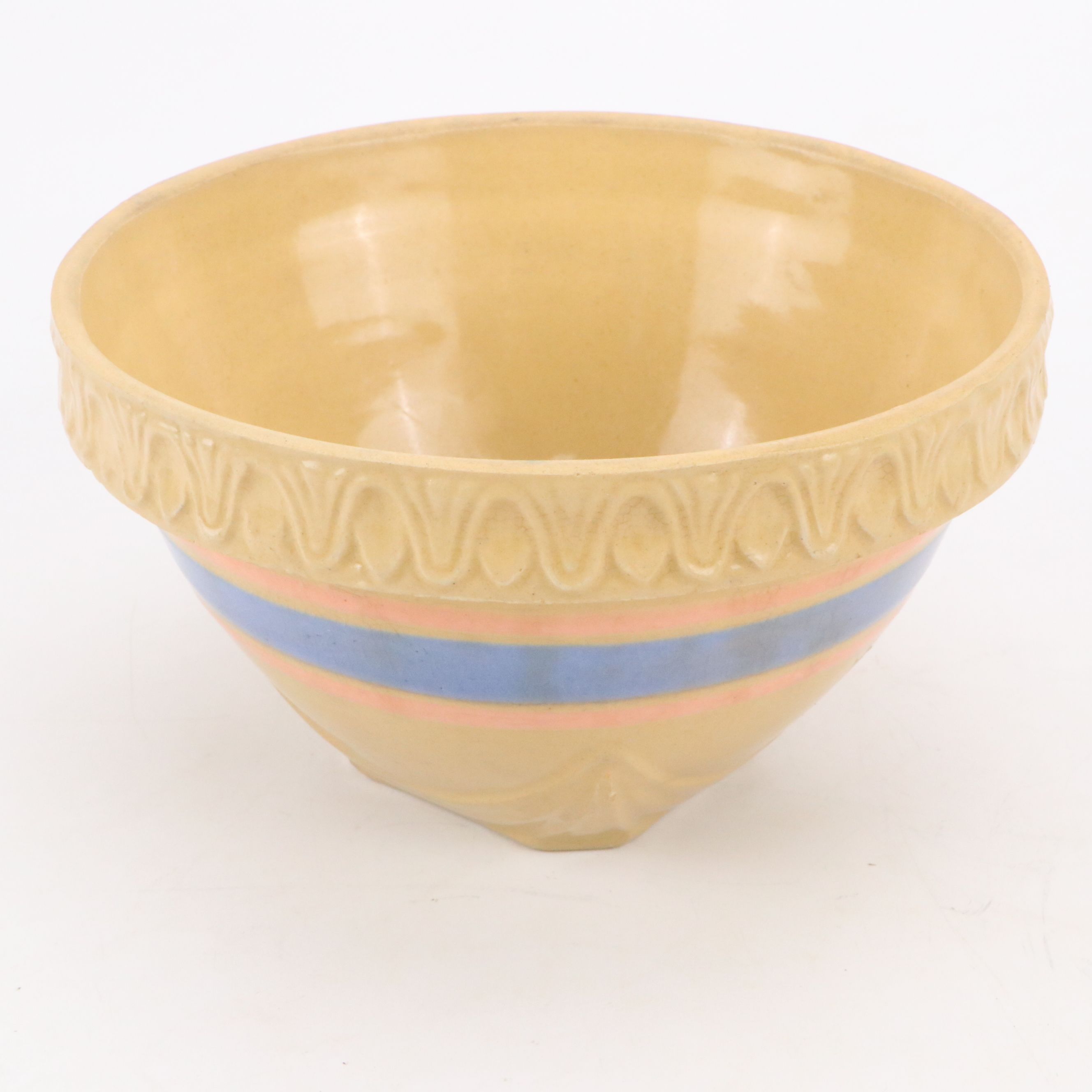 American Blue and Pink Banded Yellowware Mixing Bowls, 20th Century