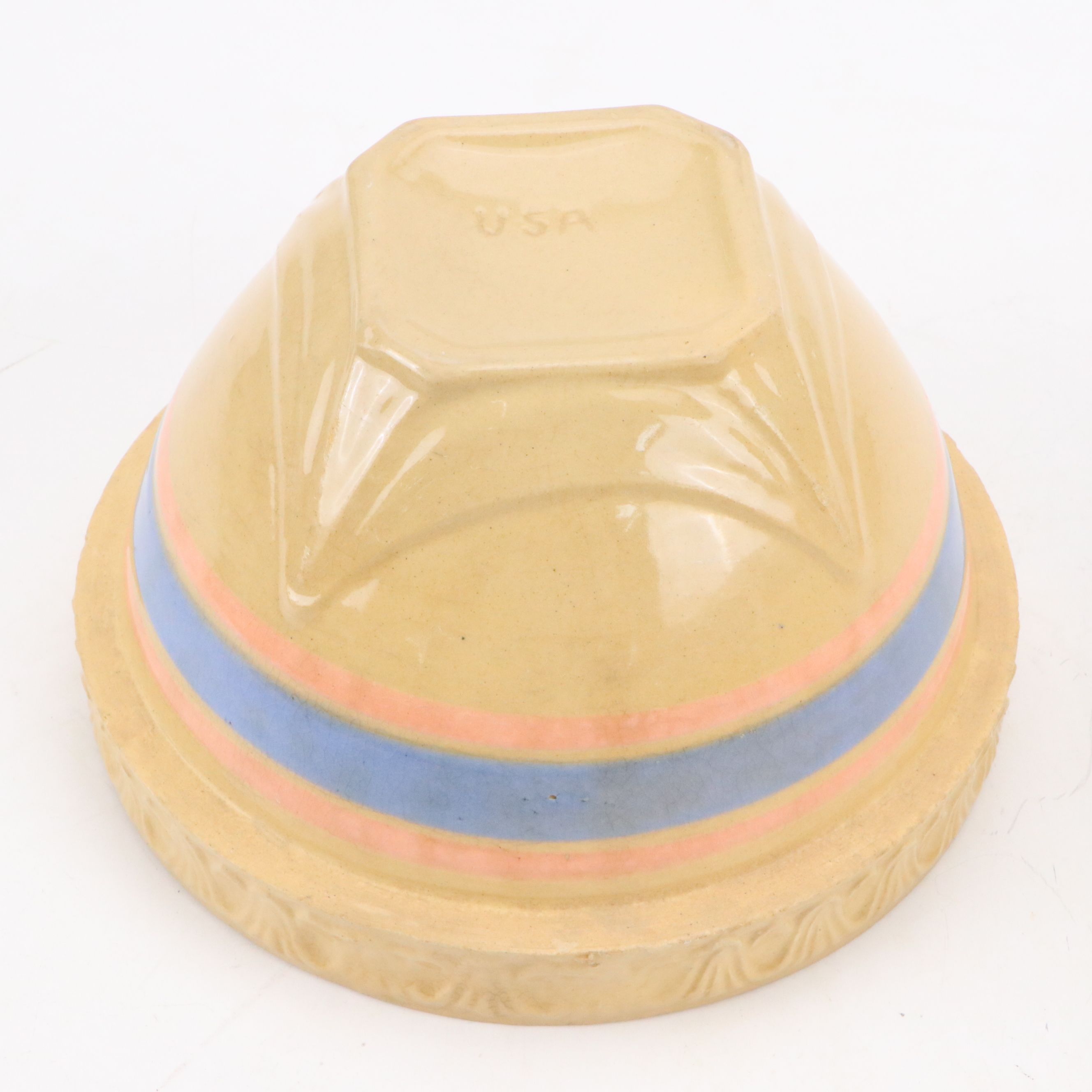 American Blue and Pink Banded Yellowware Mixing Bowls, 20th Century