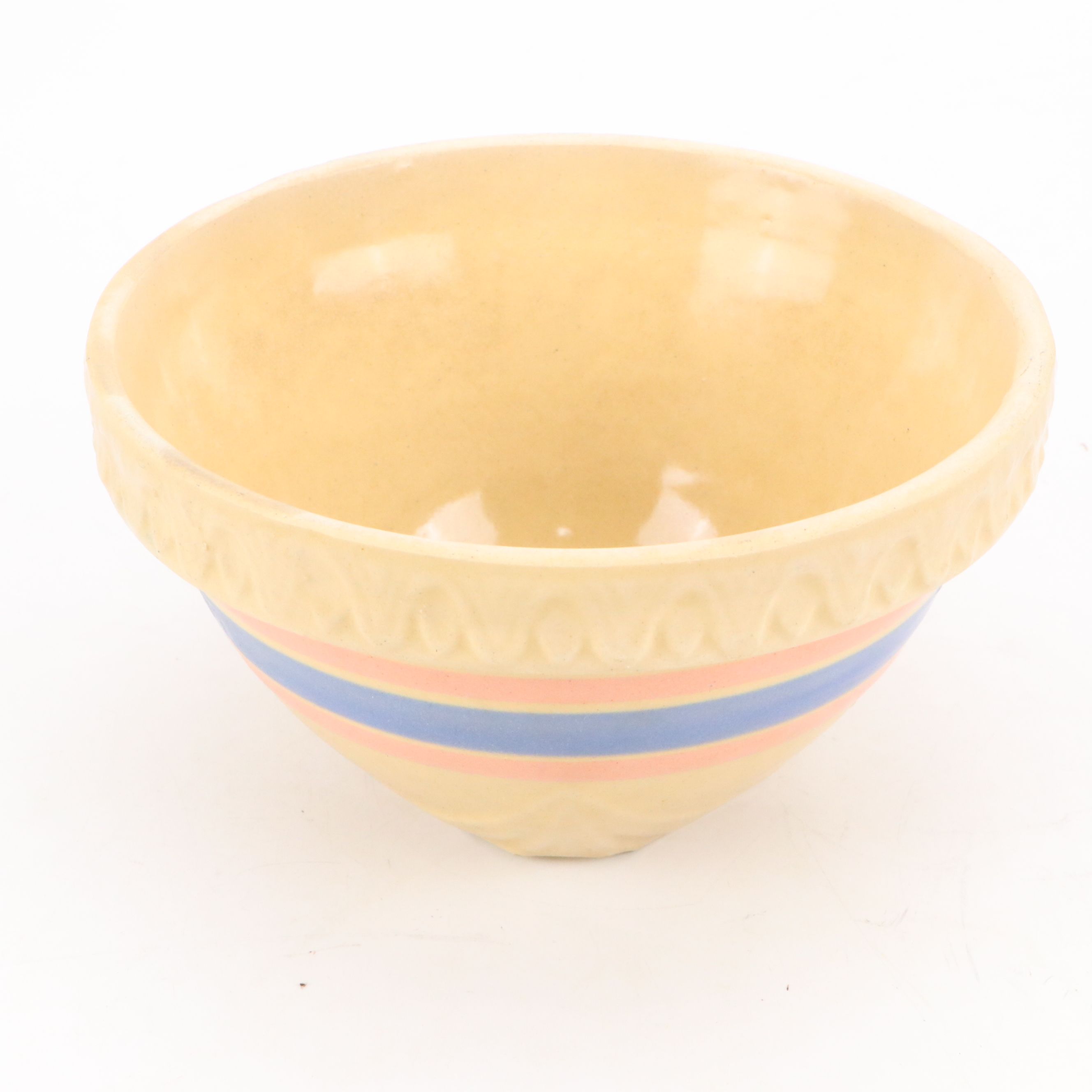 American Blue and Pink Banded Yellowware Mixing Bowls, 20th Century
