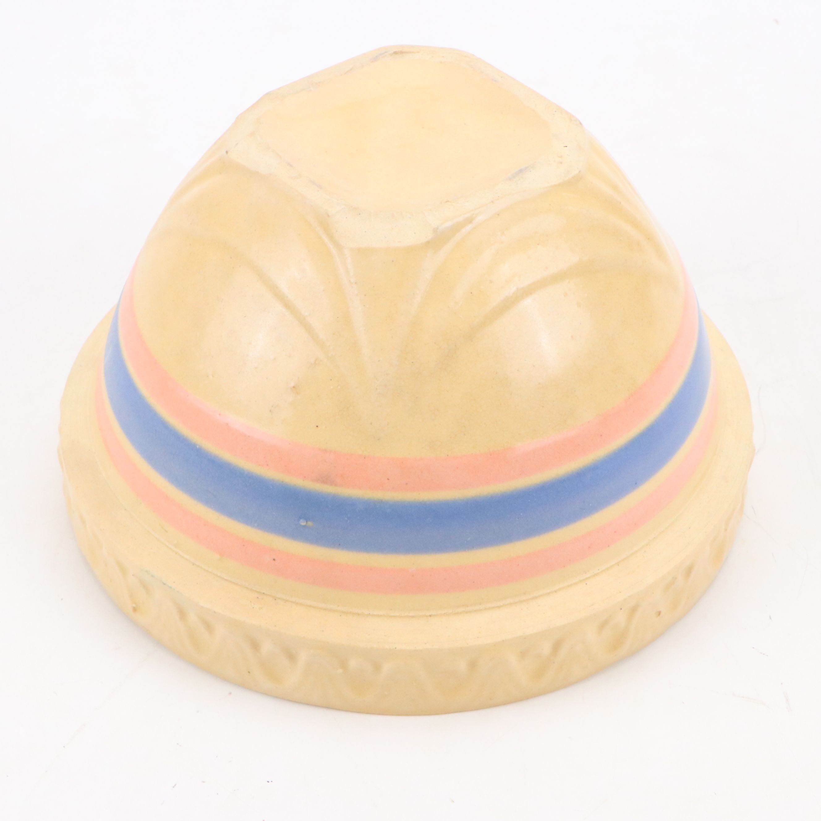 American Blue and Pink Banded Yellowware Mixing Bowls, 20th Century