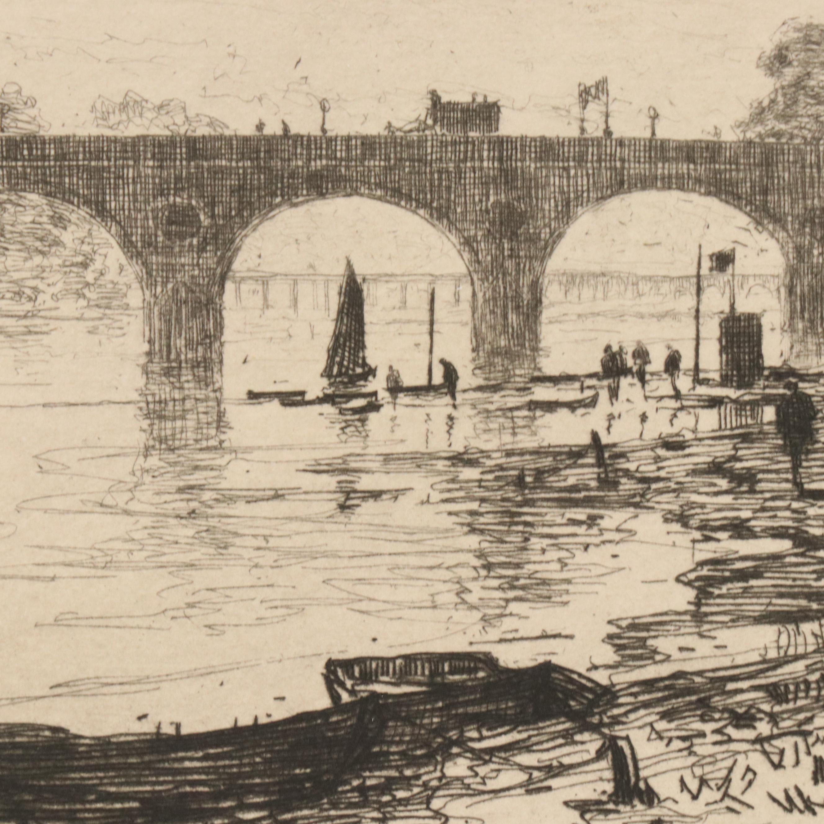 Etching by David Young Cameron "Perth Bridge," Early 20th Century