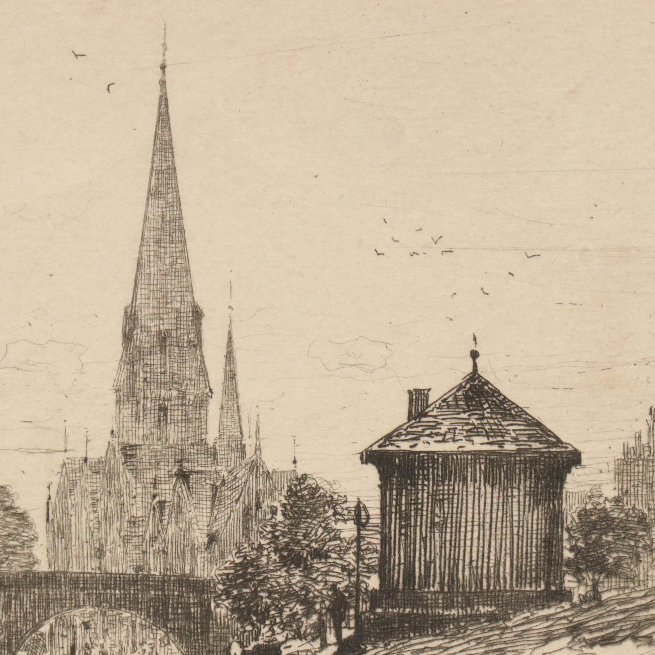 Etching by David Young Cameron "Perth Bridge," Early 20th Century