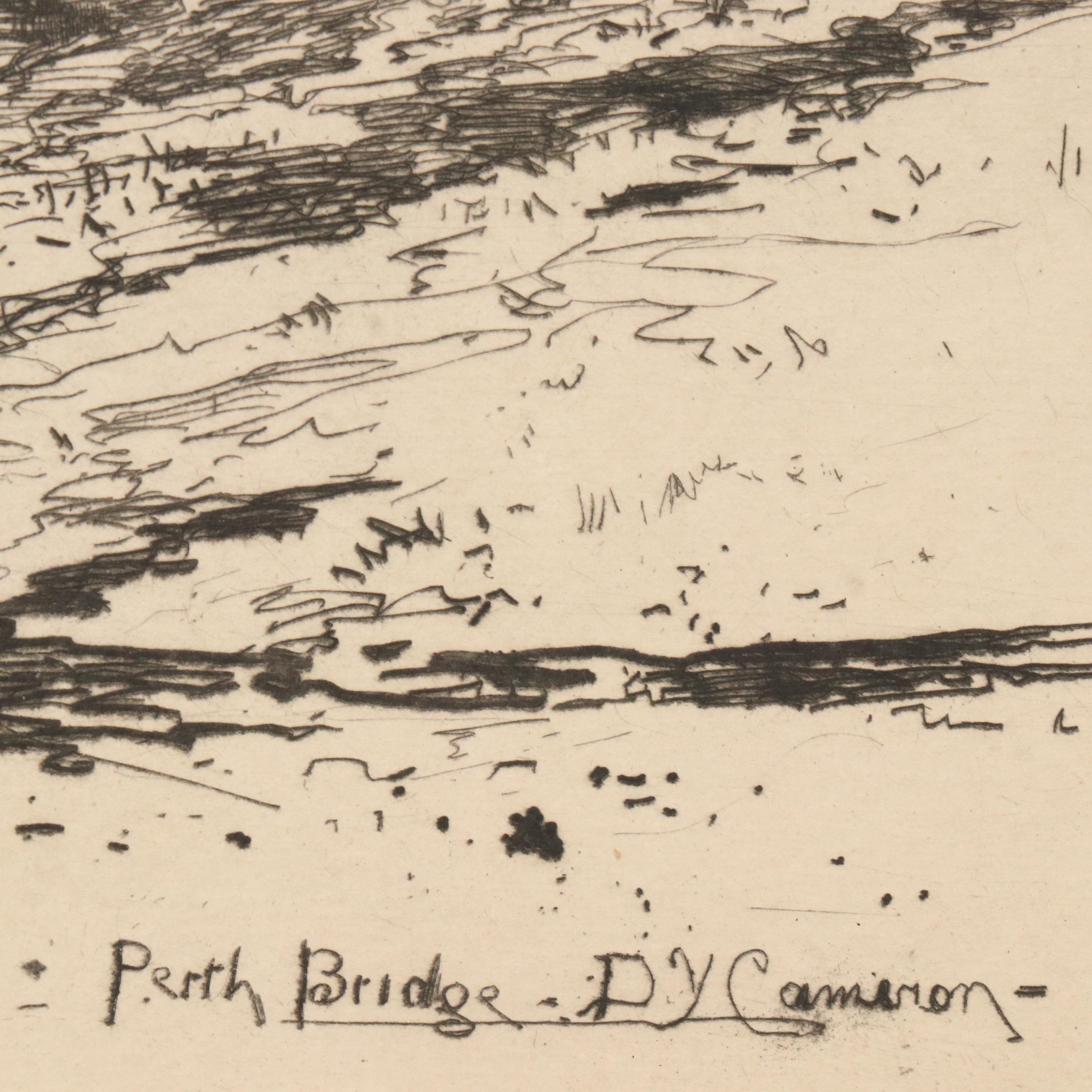 Etching by David Young Cameron "Perth Bridge," Early 20th Century
