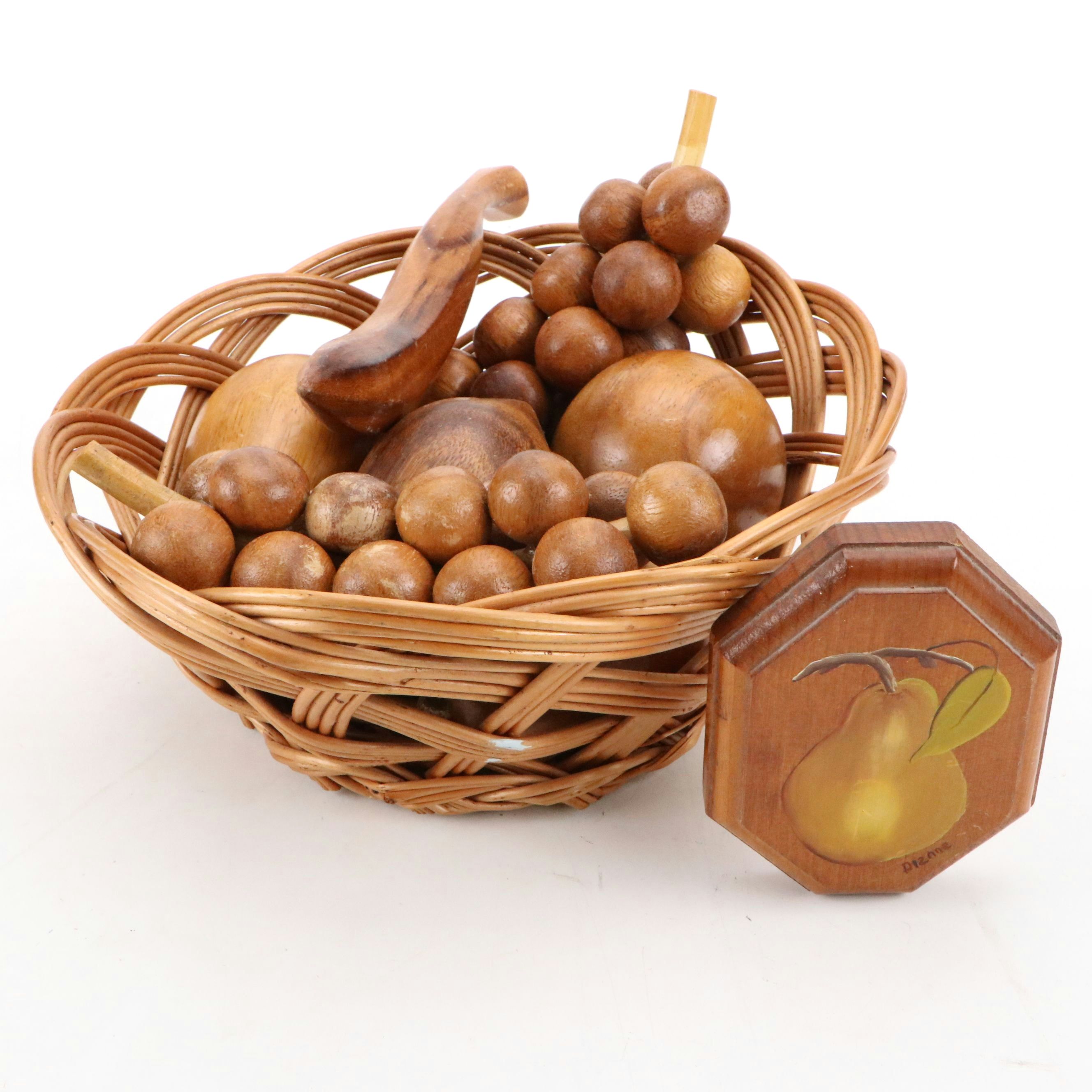 Wood Fruit in Basket with Fruit Paintings on Wood and Slate