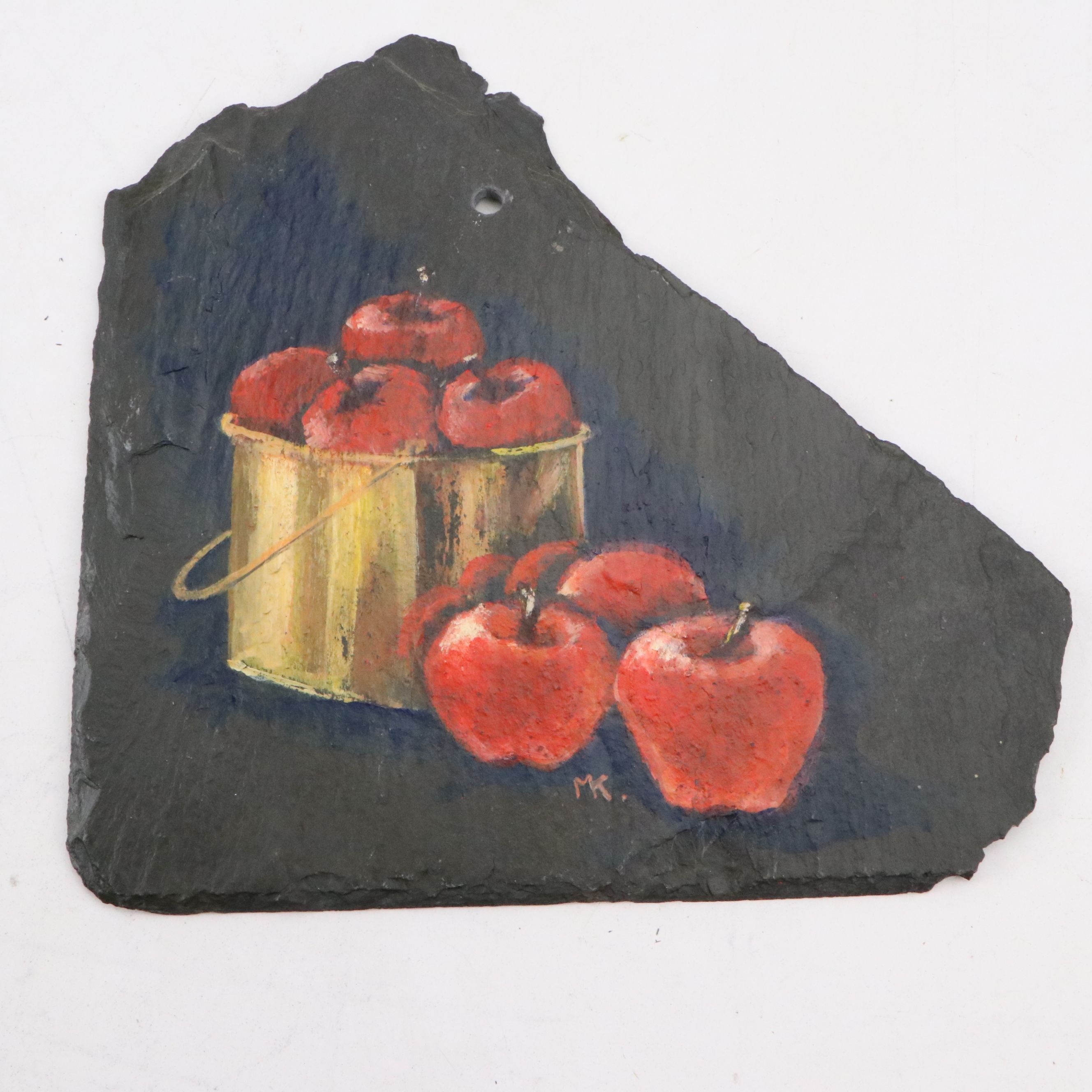 Wood Fruit in Basket with Fruit Paintings on Wood and Slate