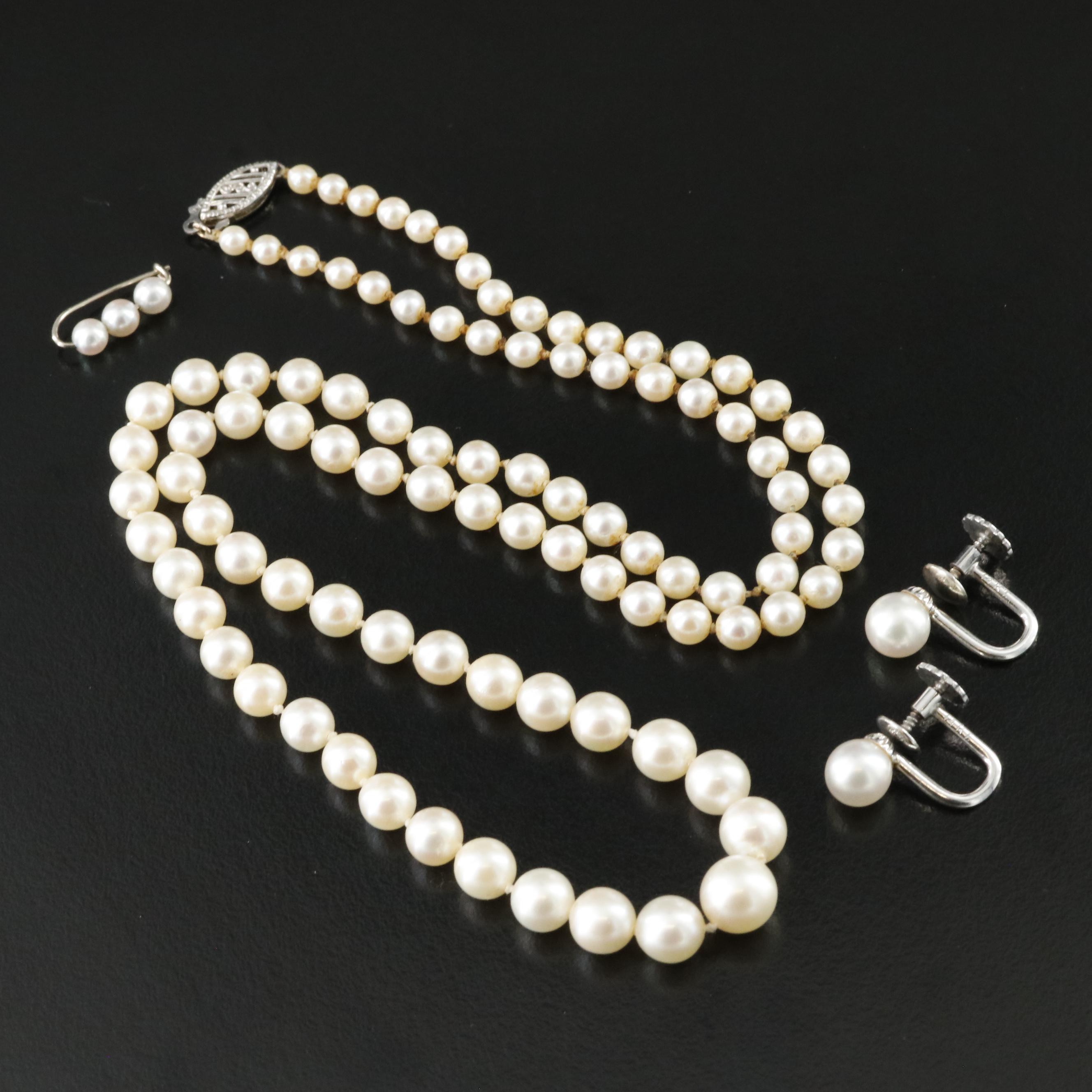 Graduated Pearl Necklace with 14K Clasp and Earrings